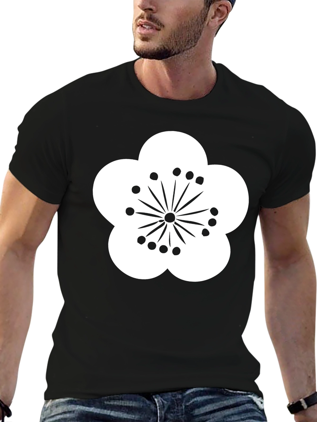 Black T-Shirt with White Flower Design