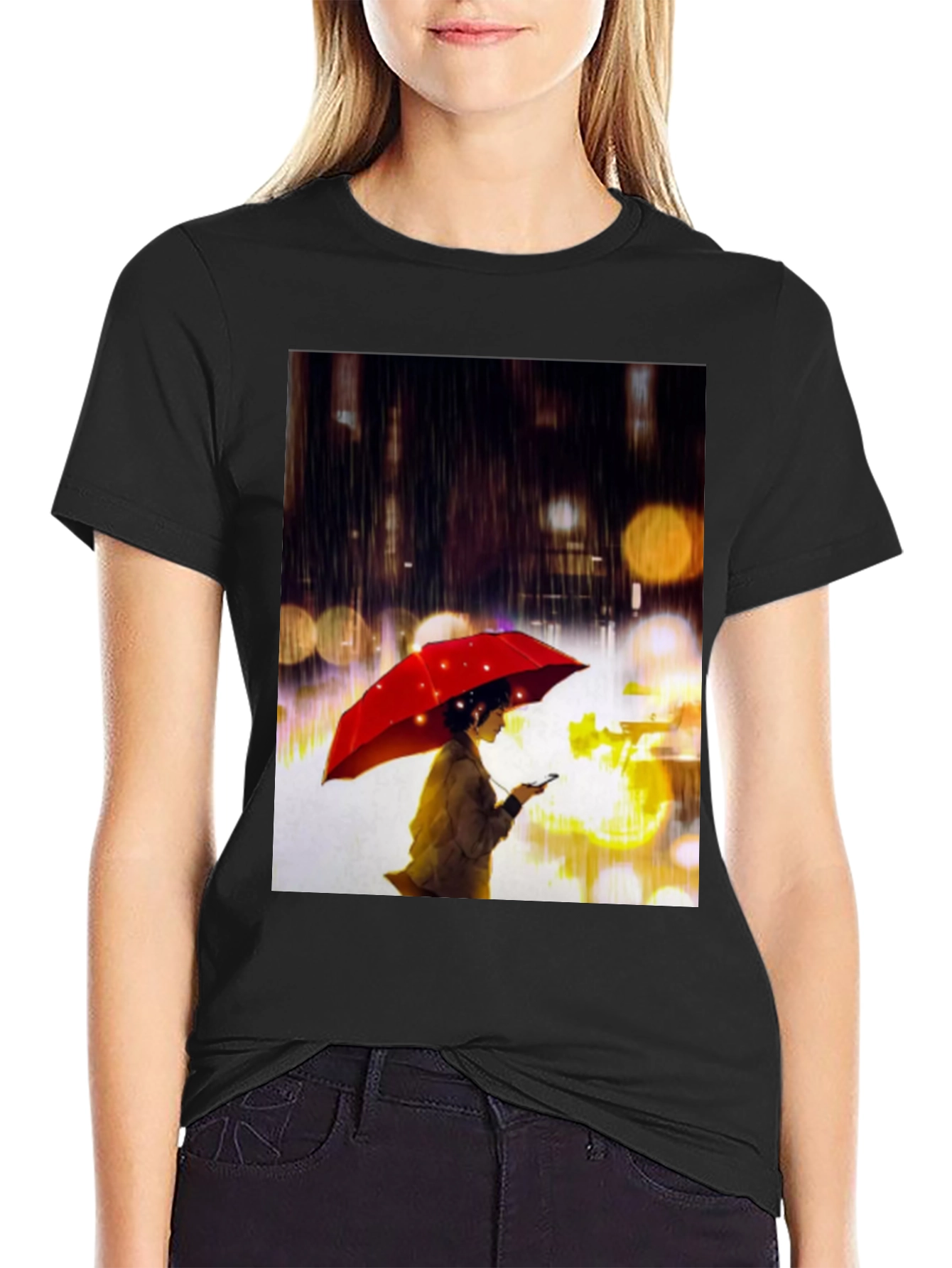 Rainy Night T-Shirt: Woman with Red Umbrella