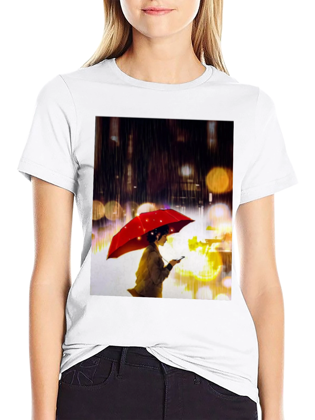 Rainy Night T-Shirt: Woman with Red Umbrella