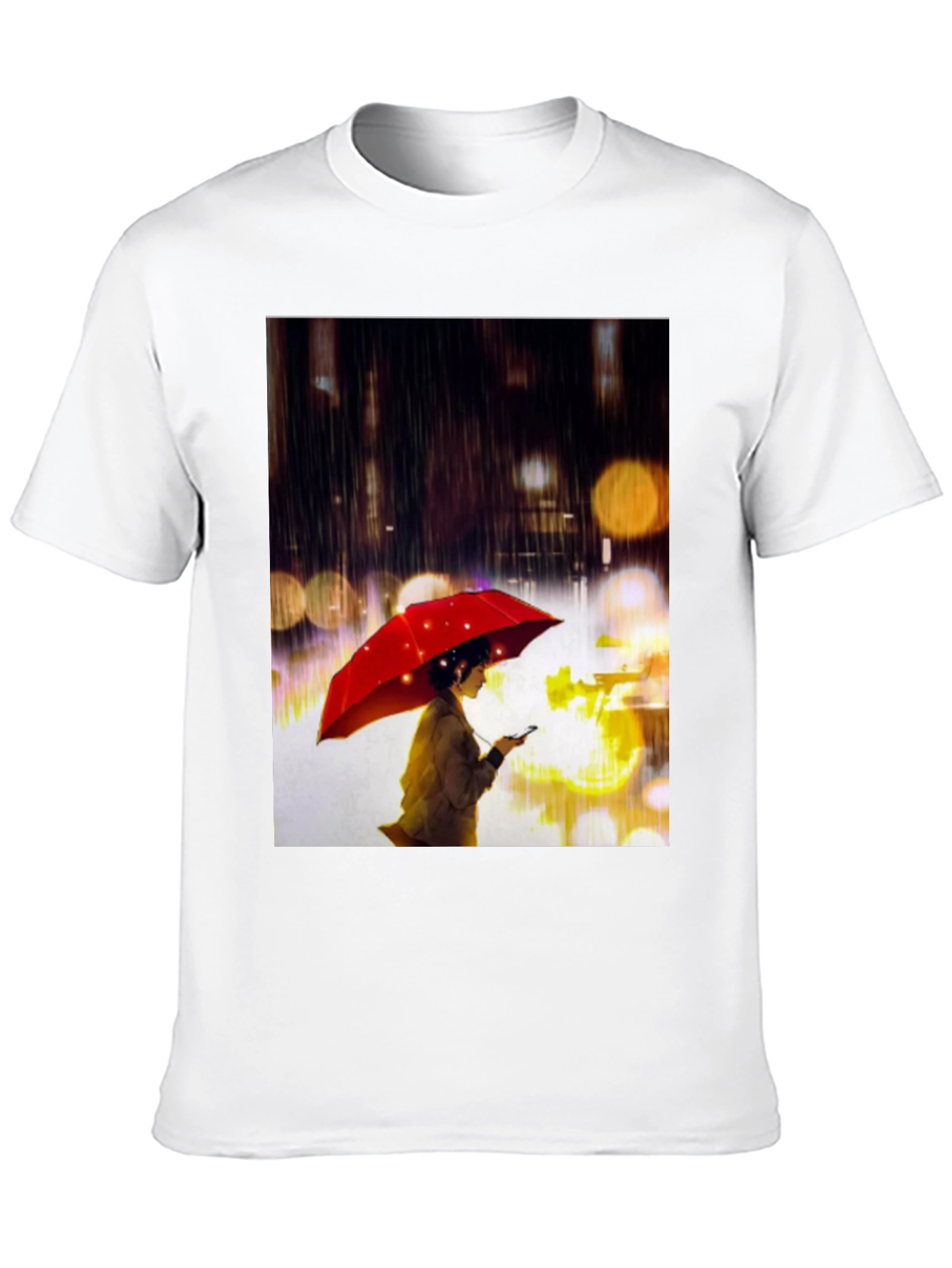 Rainy Night T-Shirt: Woman with Red Umbrella