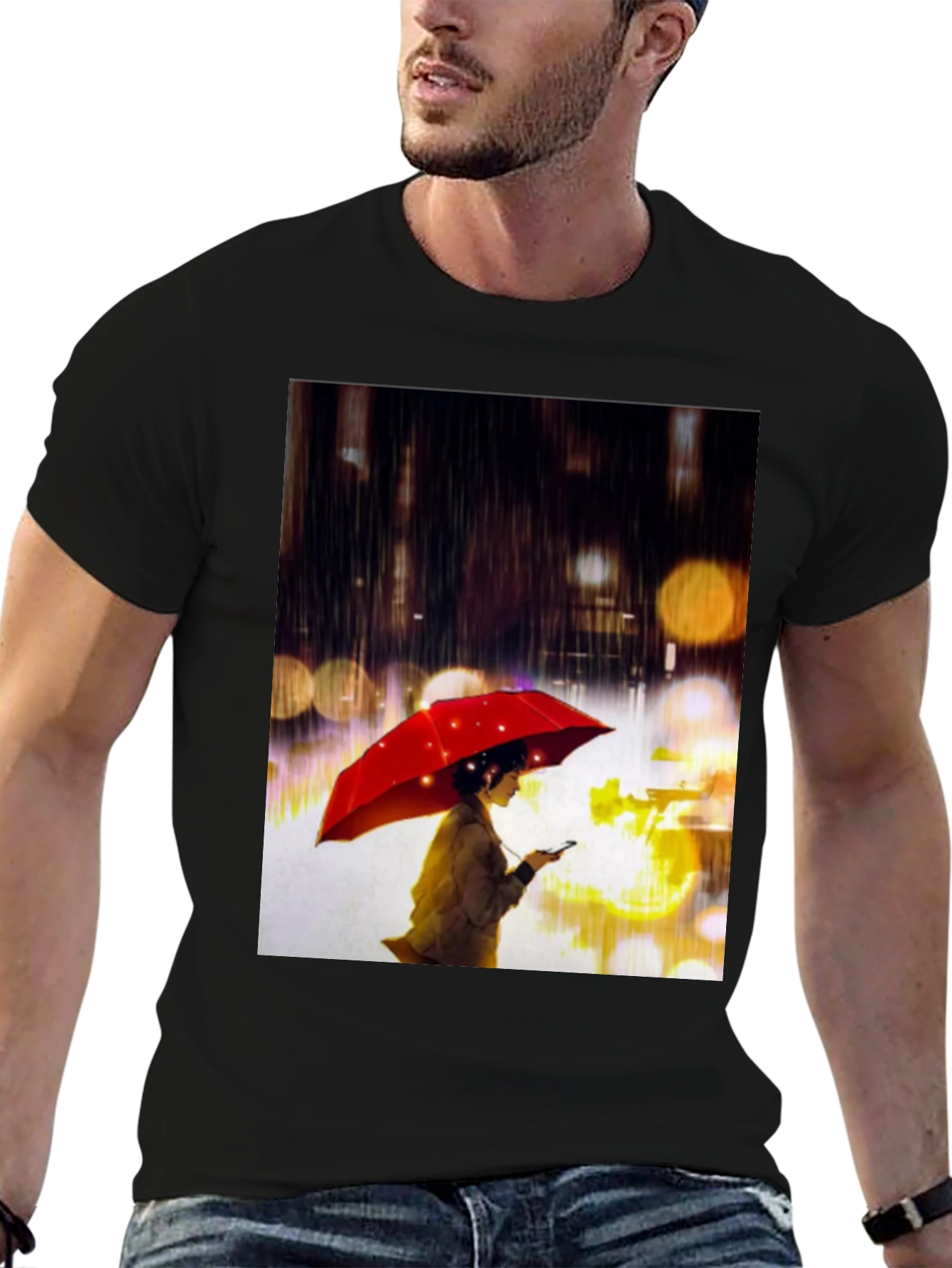 Rainy Night T-Shirt: Woman with Red Umbrella