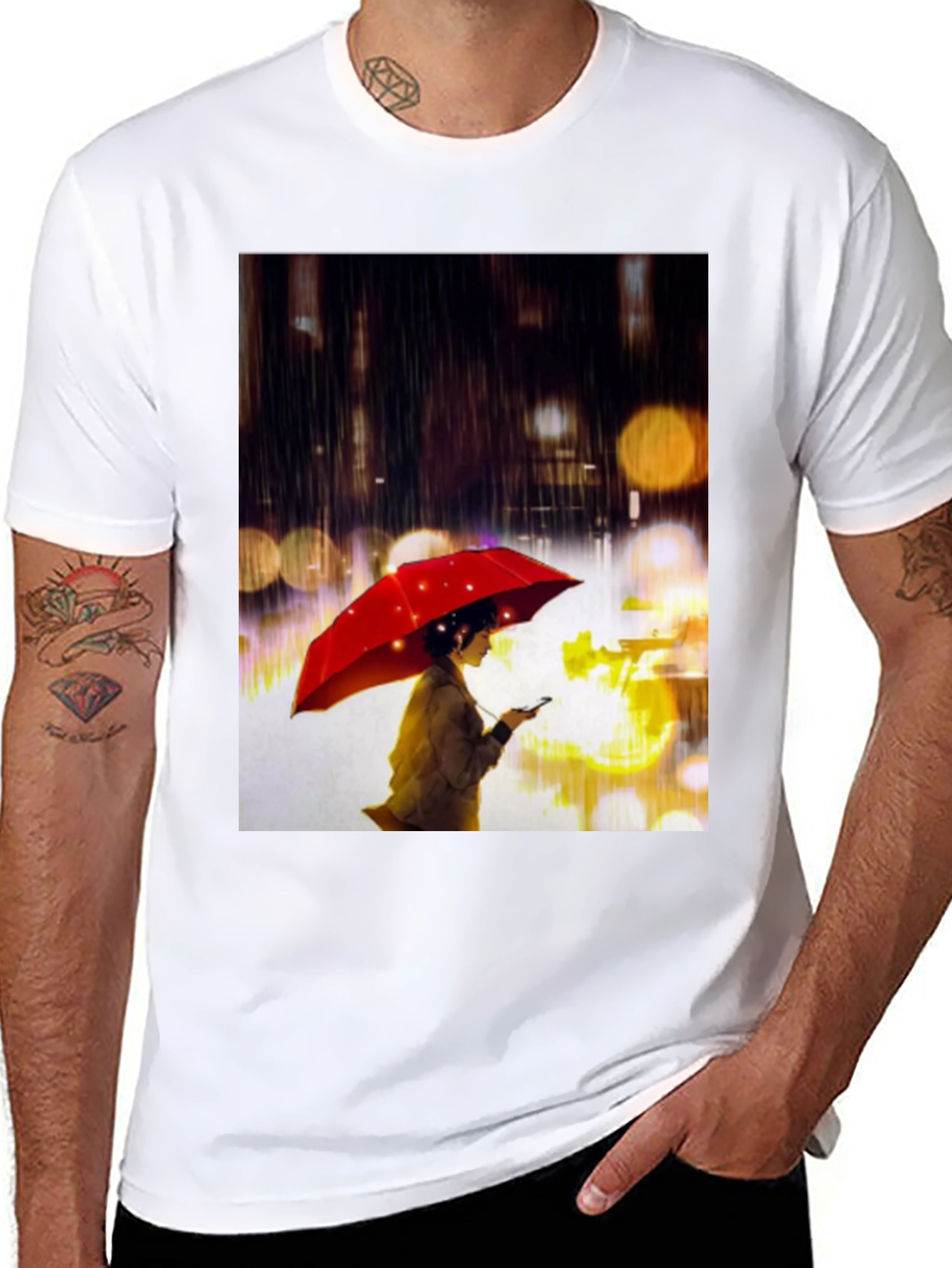 Rainy Night T-Shirt: Woman with Red Umbrella
