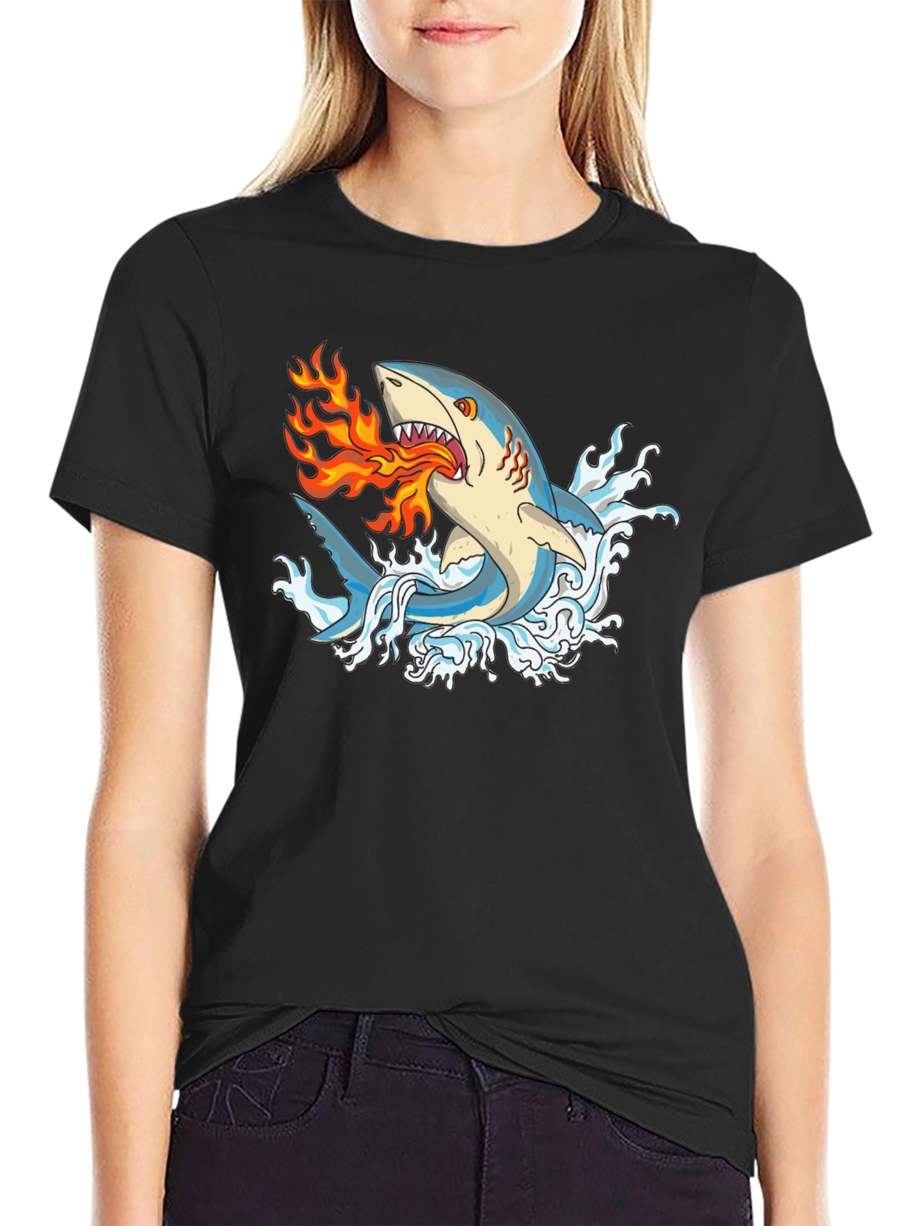 Fire-Breathing Shark Graphic Tee - Black
