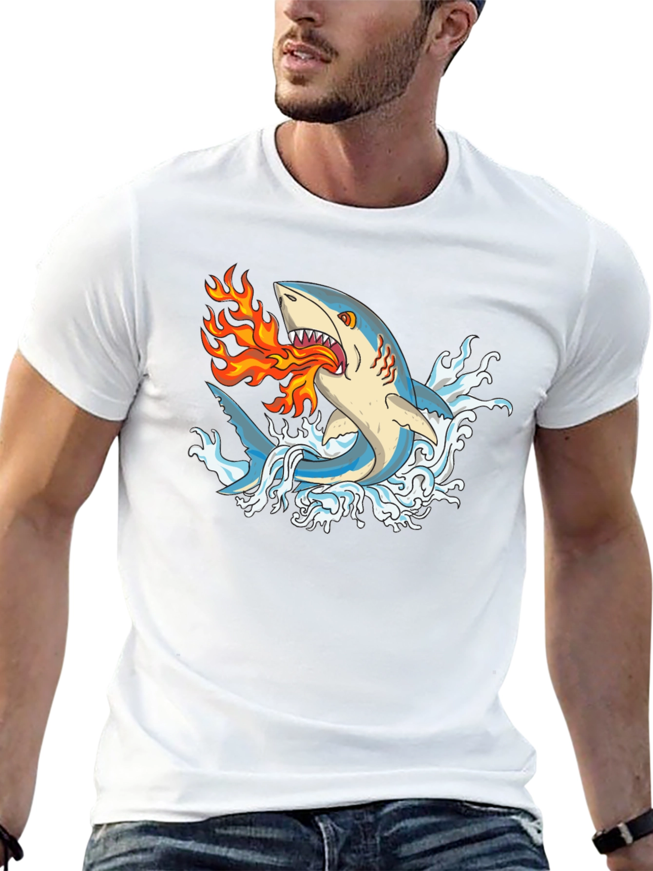 Fire-Breathing Shark Graphic Tee - Black