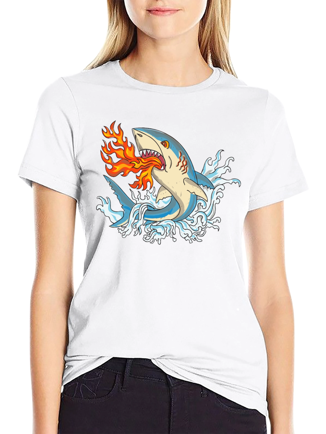 Fire-Breathing Shark Graphic Tee - Black