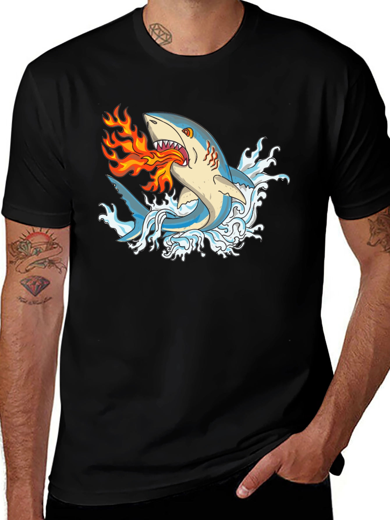 Fire-Breathing Shark Graphic Tee - Black