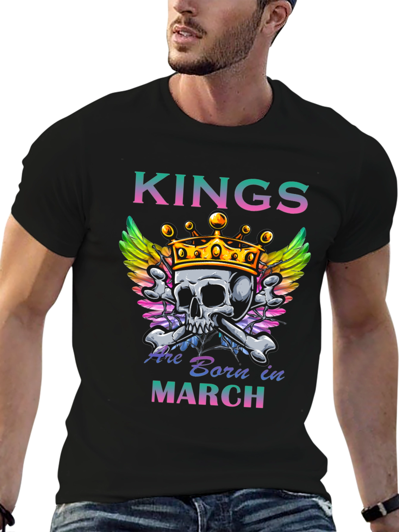 Kings Are Born in March Skull Graphic T-Shirt
