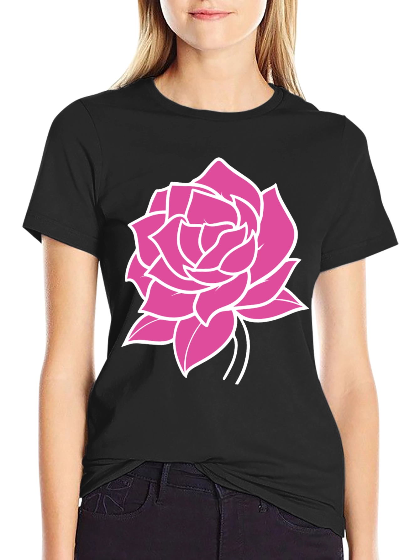 Black T-Shirt with Pink Rose Graphic