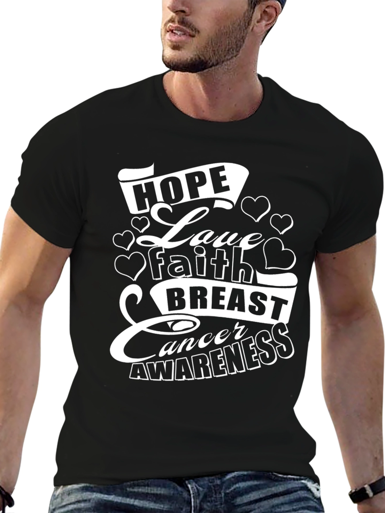 Hope Love Faith Breast Cancer Awareness Black T-Shirt