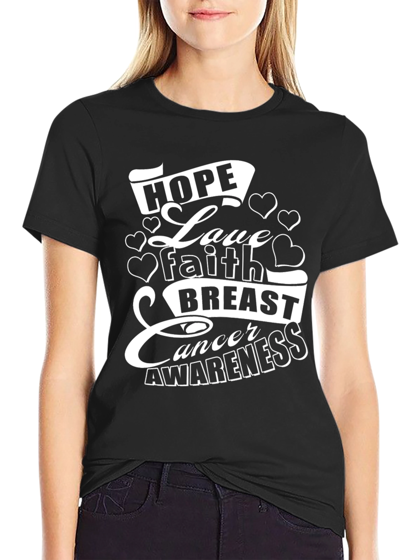 Hope Love Faith Breast Cancer Awareness Black T-Shirt