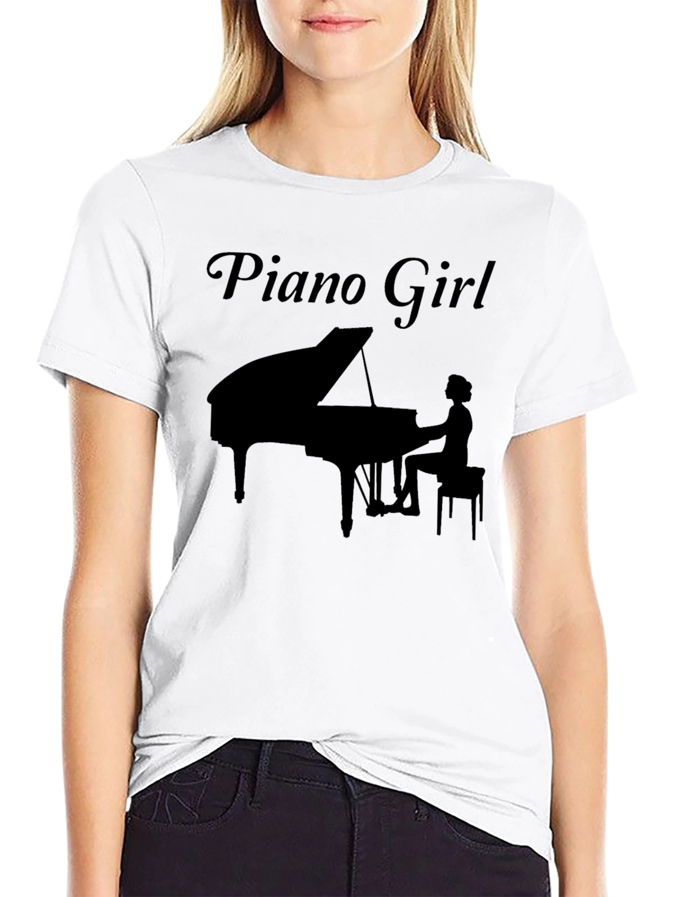 Piano Girl Graphic Tee - Black Cotton T-Shirt