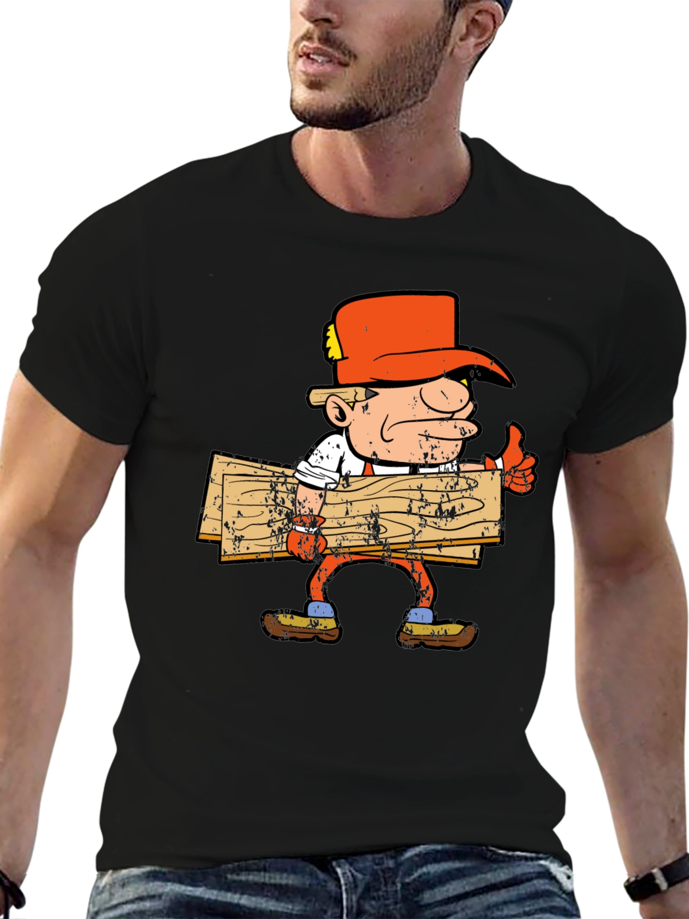 Cartoon Lumberjack Graphic Tee - Black Cotton Shirt