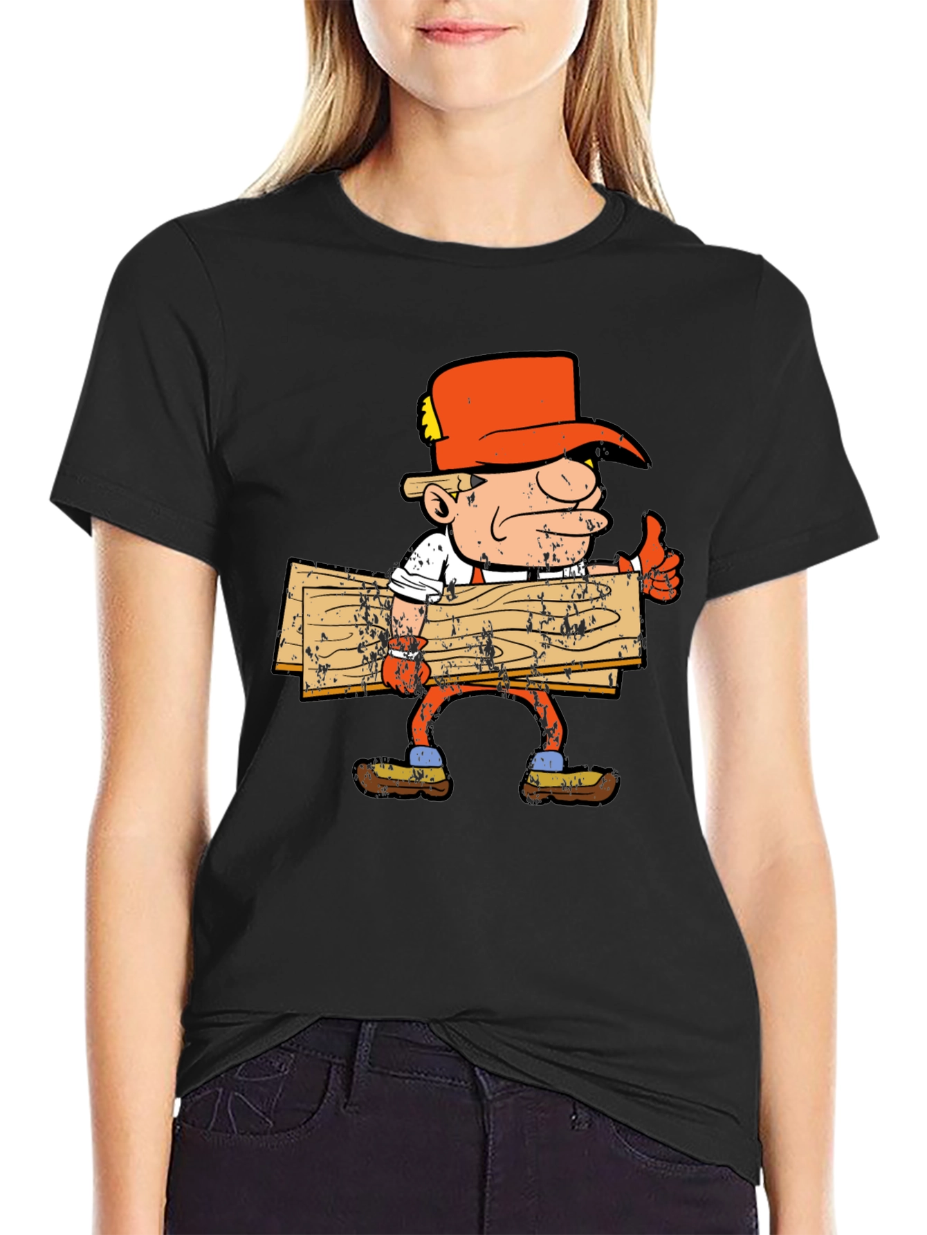 Cartoon Lumberjack Graphic Tee - Black Cotton Shirt
