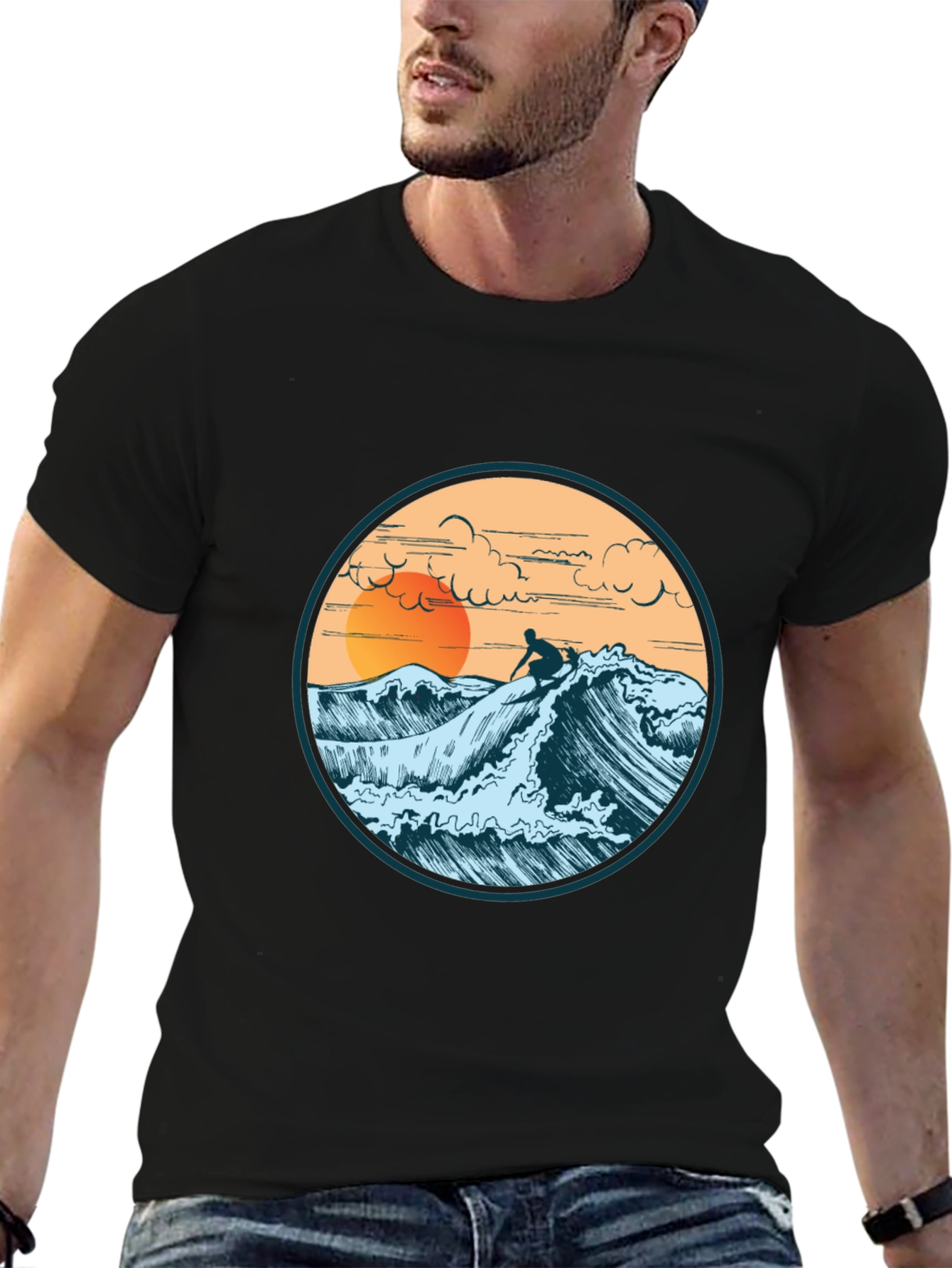 Surfer Graphic Tee - Sunset Wave Design
