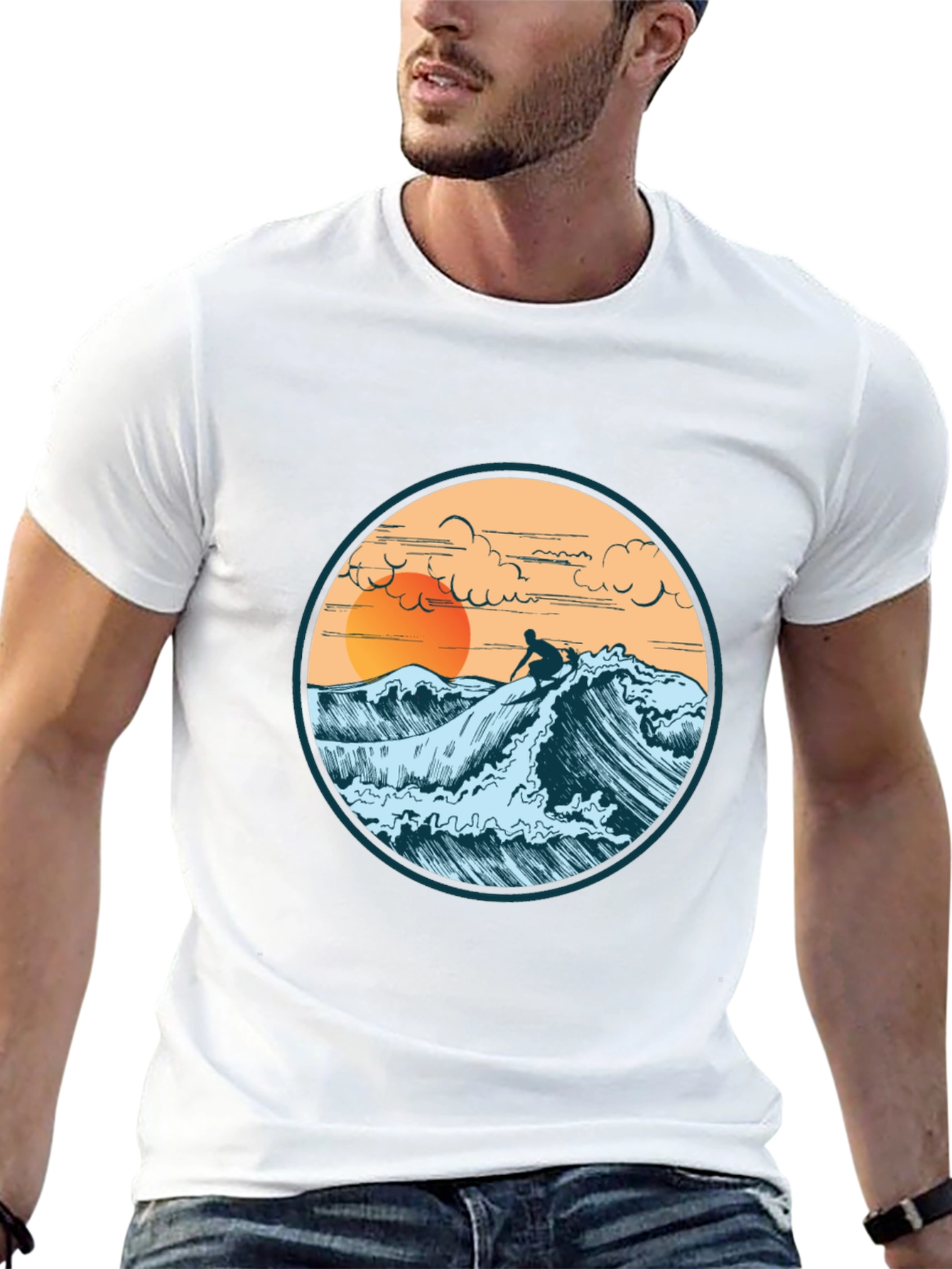 Surfer Graphic Tee - Sunset Wave Design
