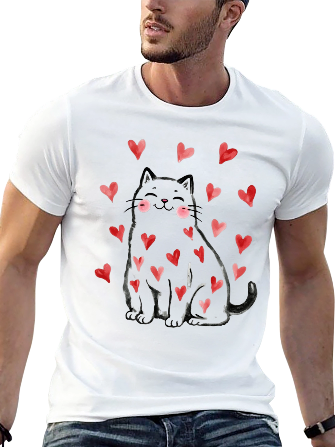 Black Cat with Hearts Graphic Tee