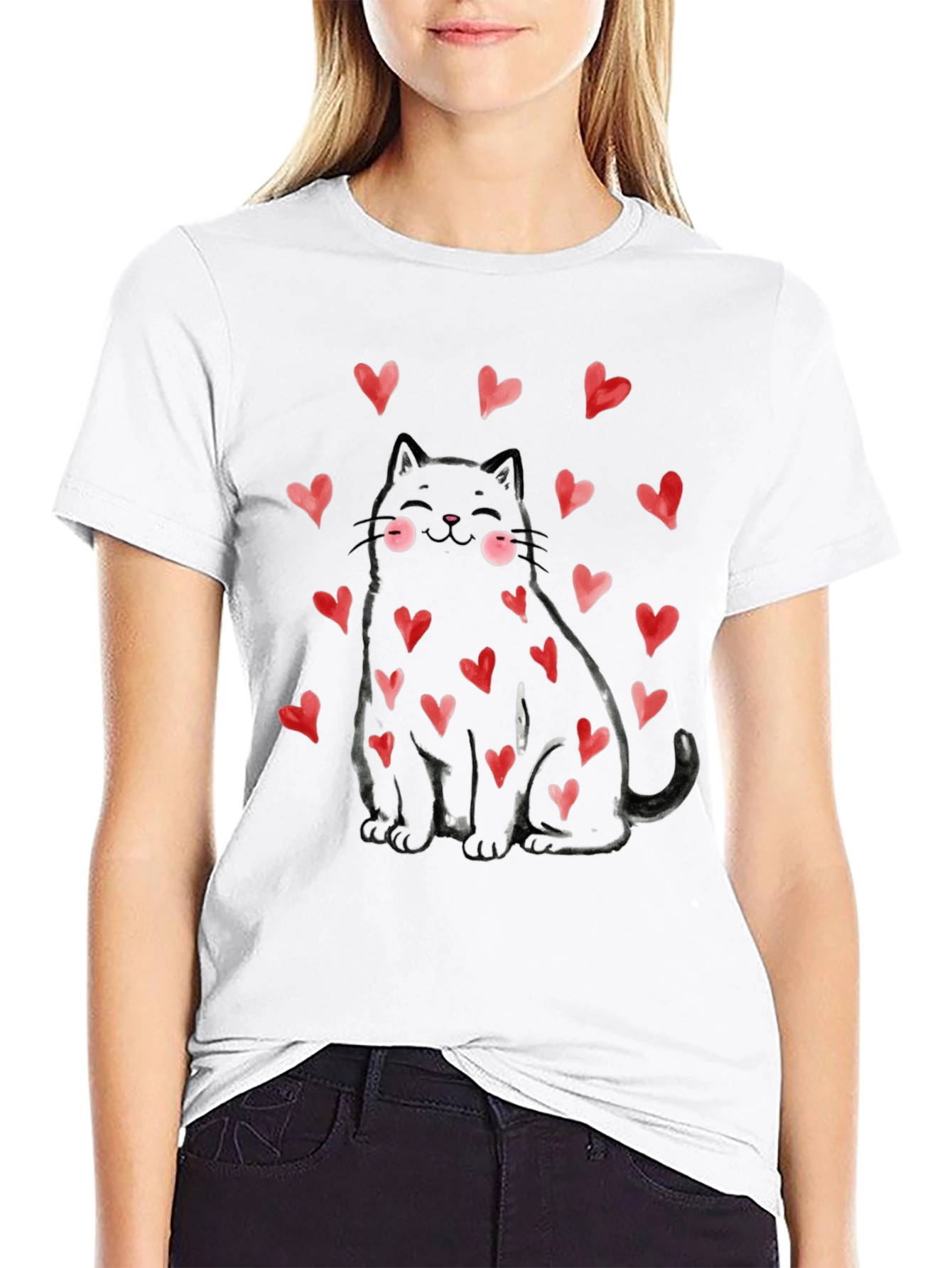 Black Cat with Hearts Graphic Tee