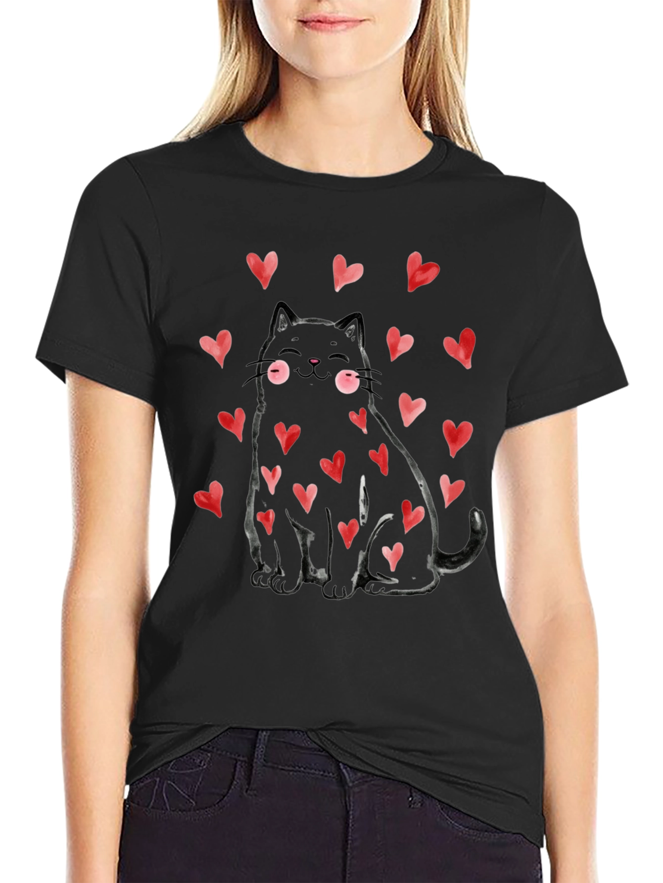 Black Cat with Hearts Graphic Tee