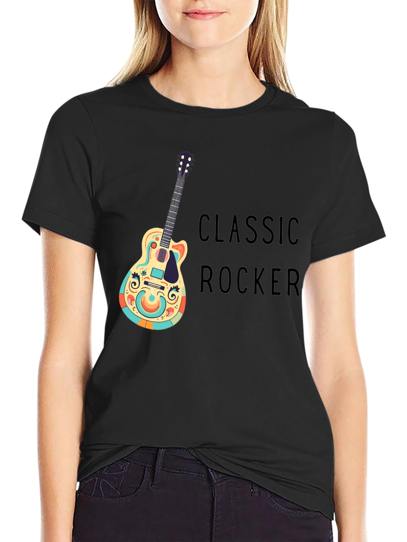 Classic Rocker Guitar Graphic Tee - Black Cotton T-Shirt