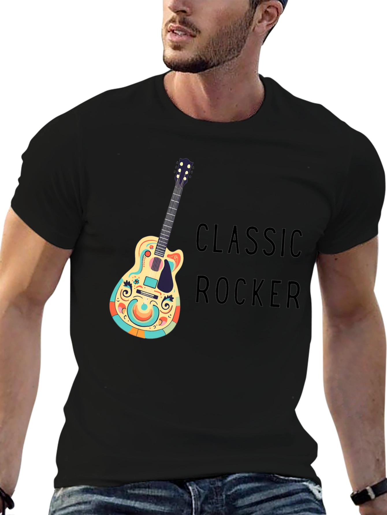 Classic Rocker Guitar Graphic Tee - Black Cotton T-Shirt