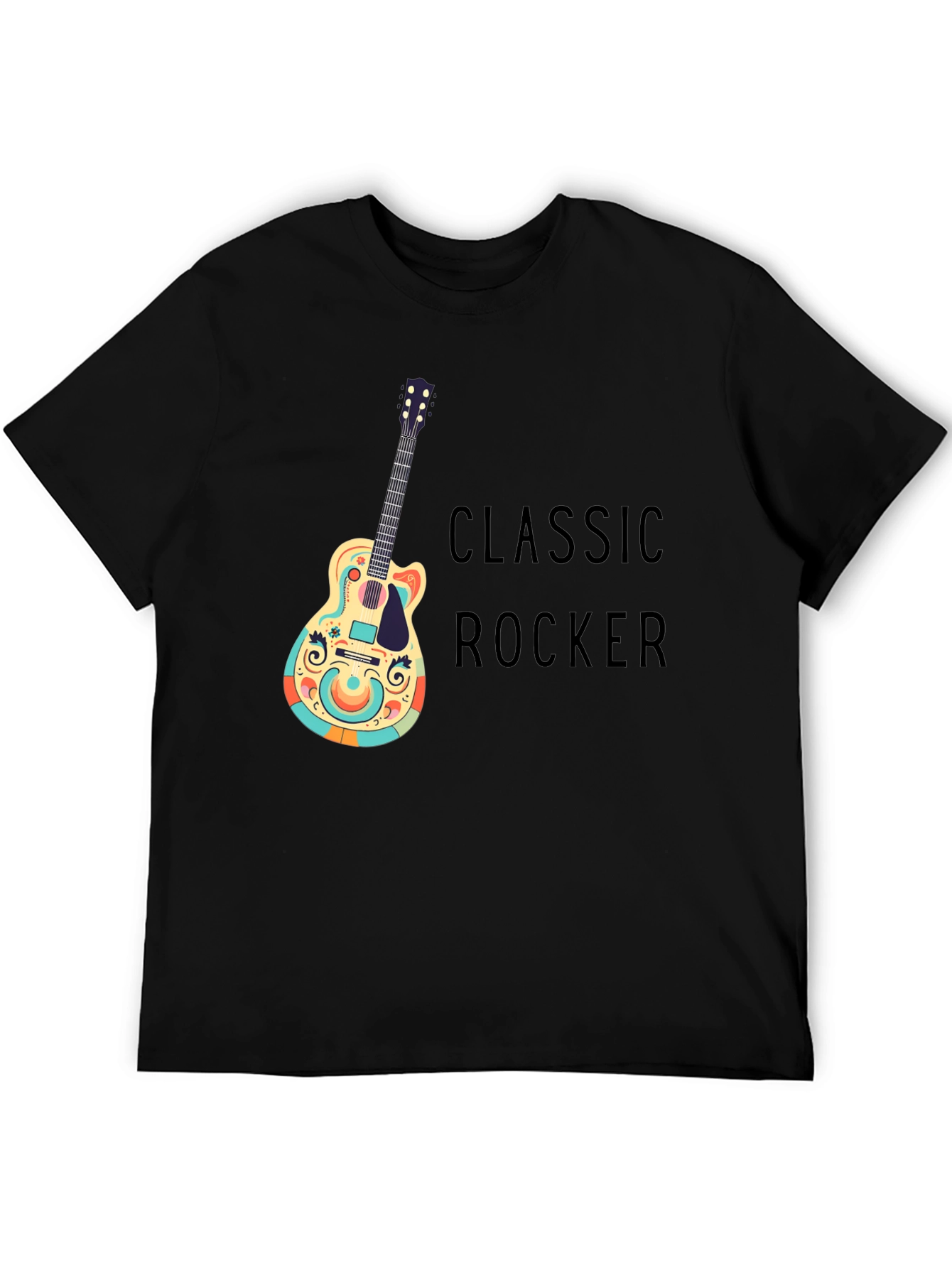 Classic Rocker Guitar Graphic Tee - Black Cotton T-Shirt