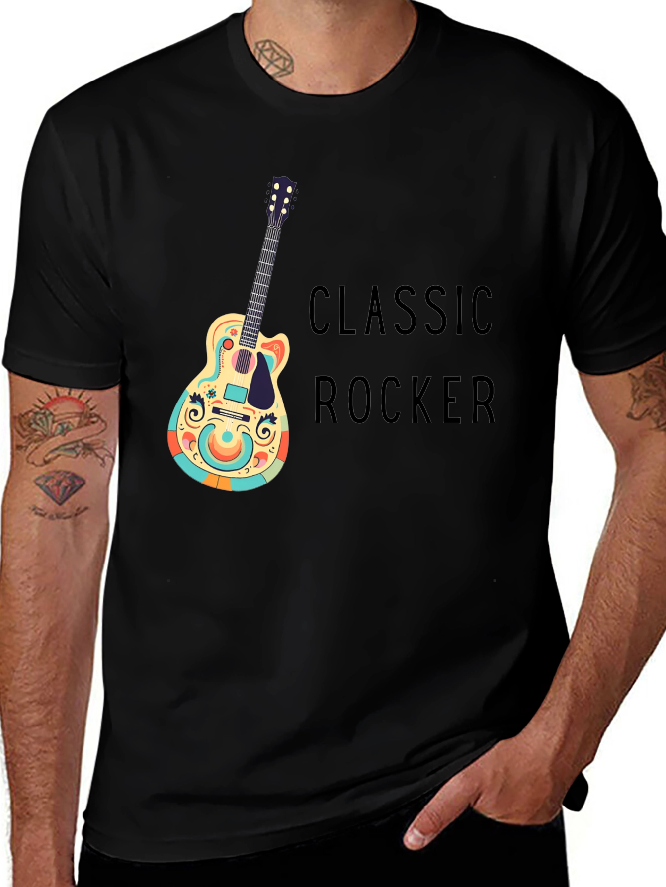 Classic Rocker Guitar Graphic Tee - Black Cotton T-Shirt