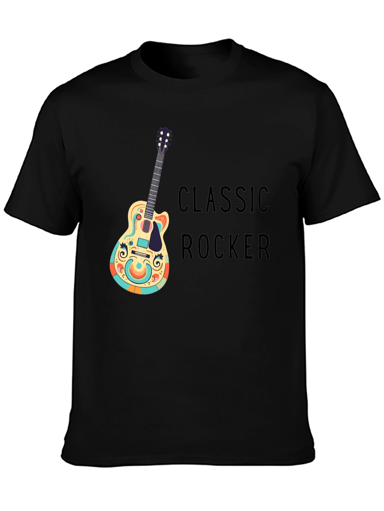 Classic Rocker Guitar Graphic Tee - Black Cotton T-Shirt
