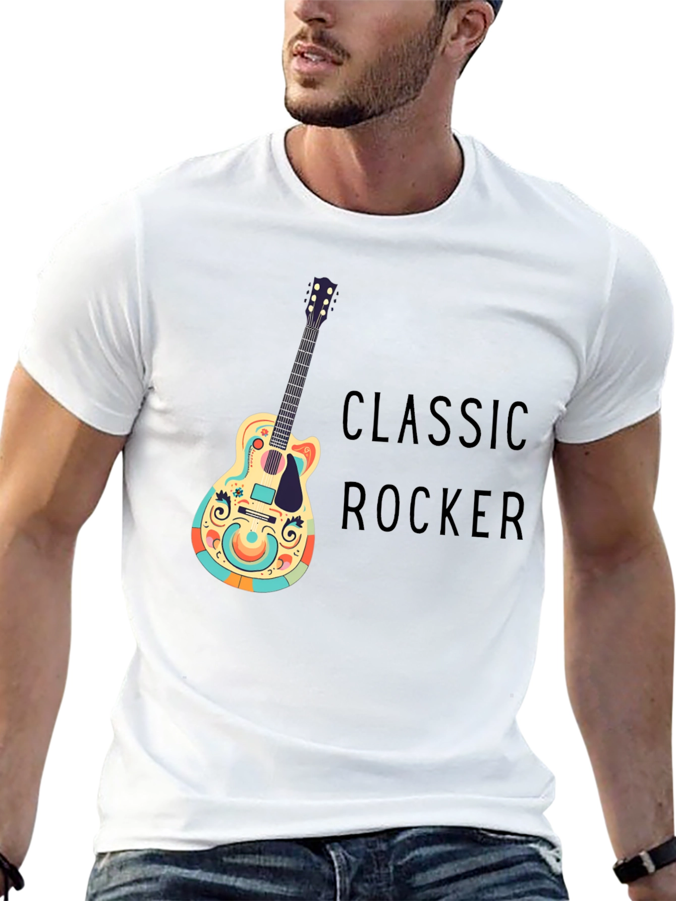 Classic Rocker Guitar Graphic Tee - Black Cotton T-Shirt