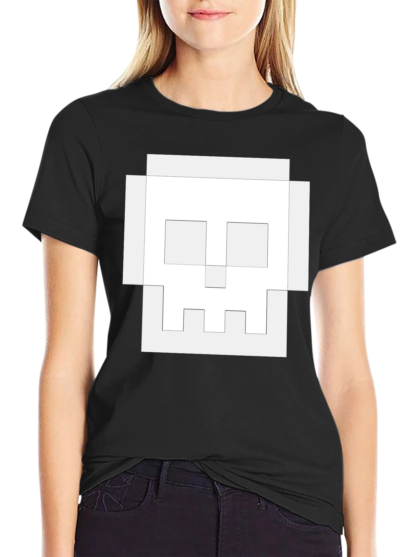 Pixel Skull Graphic Tee - Black Cotton Casual