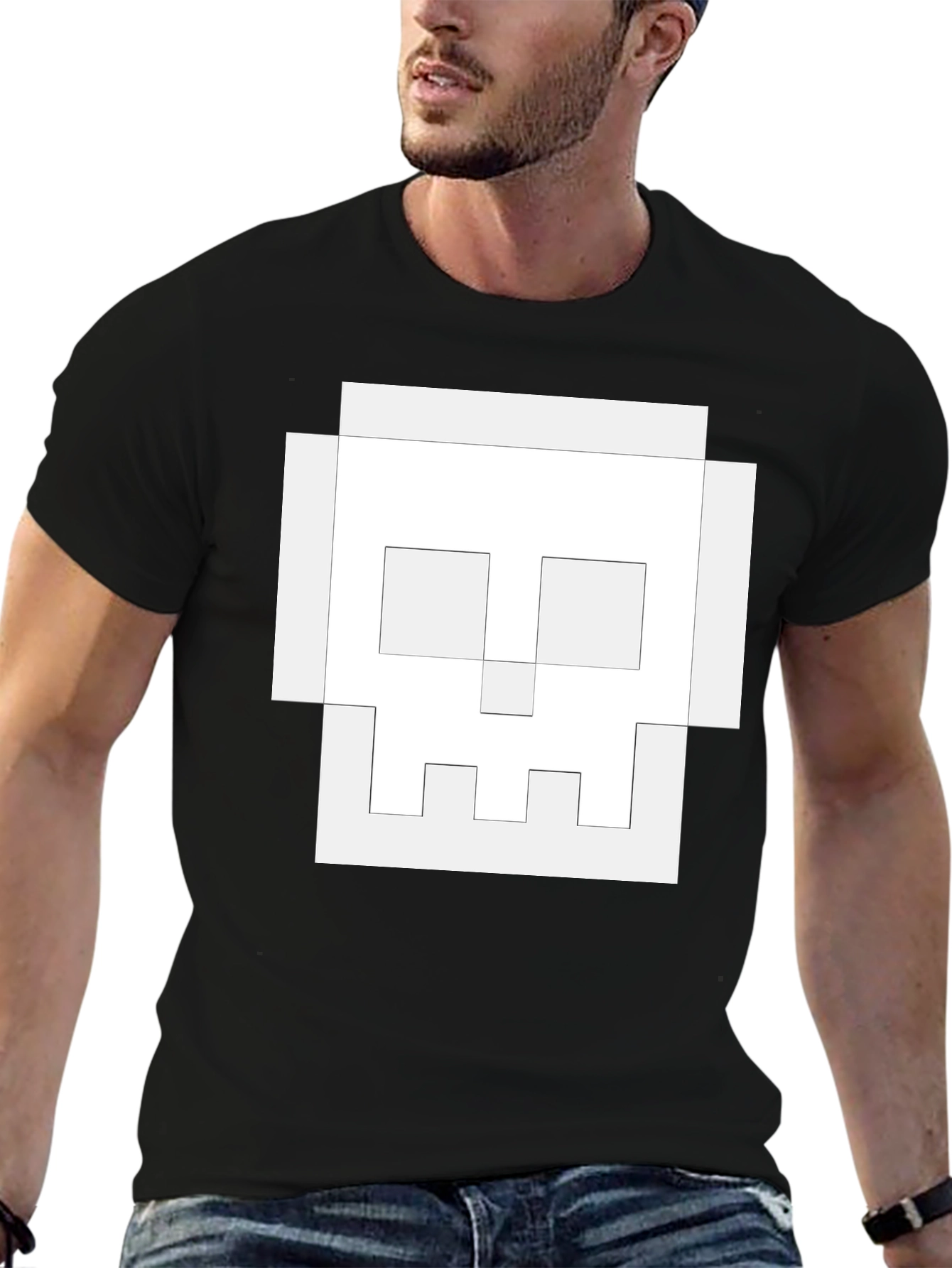 Pixel Skull Graphic Tee - Black Cotton Casual