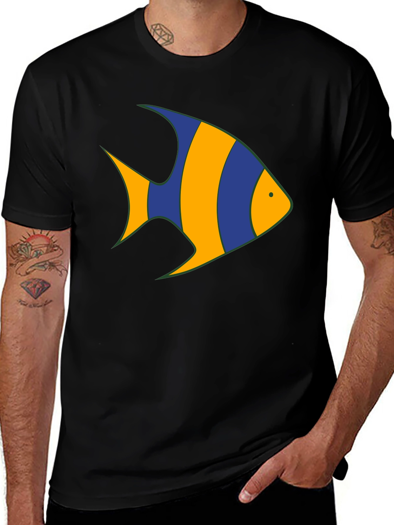 Striped Fish Graphic Tee - Black Cotton Comfort