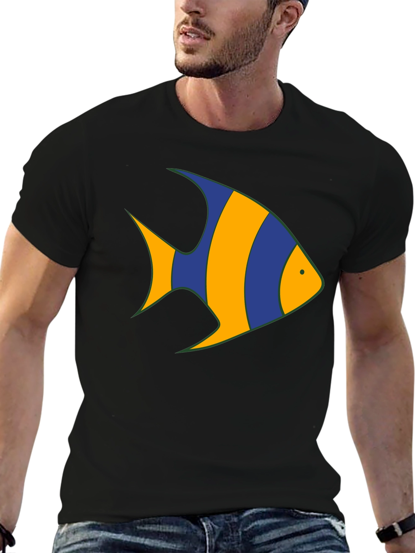 Striped Fish Graphic Tee - Black Cotton Comfort