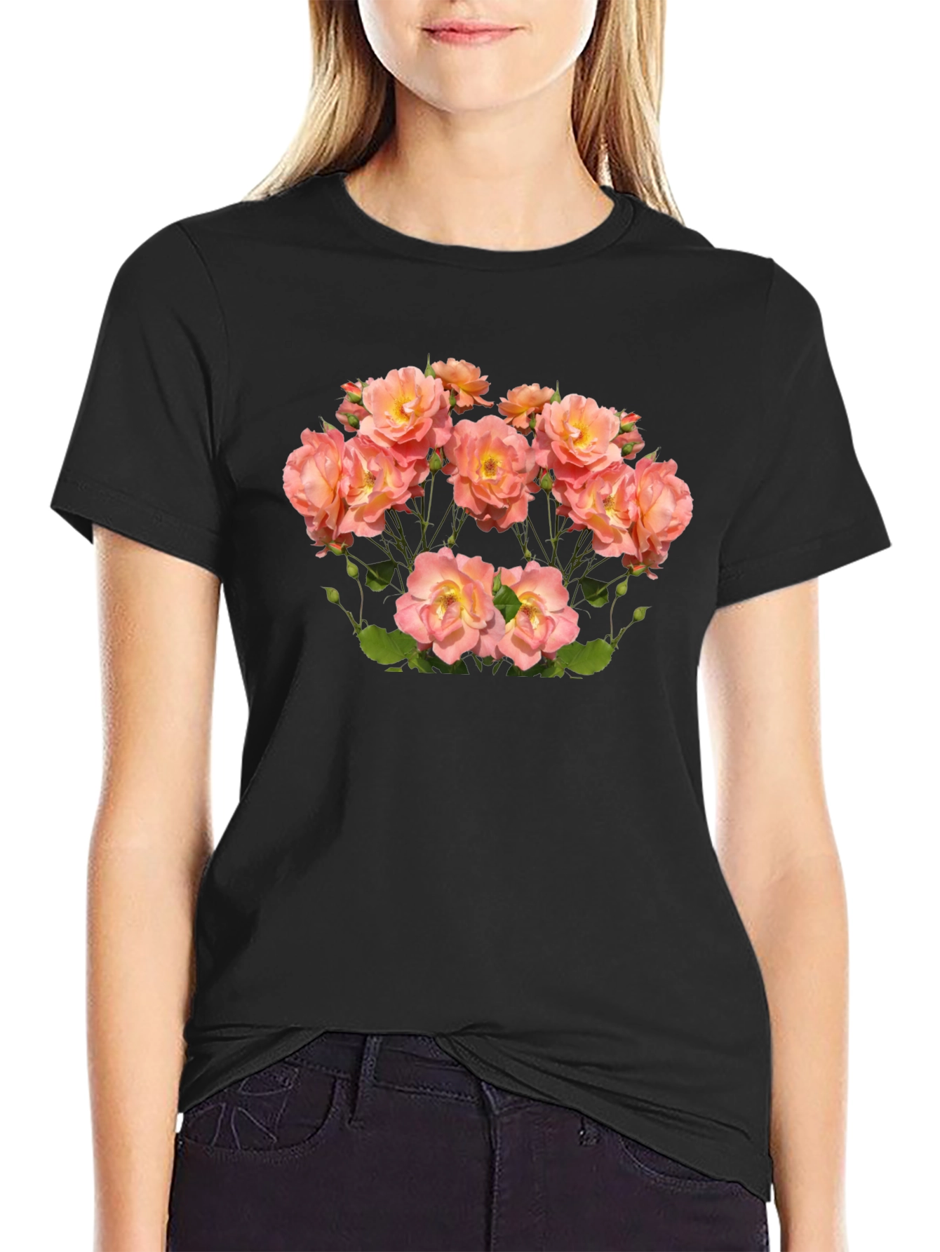 Floral Rose Print Black T-Shirt