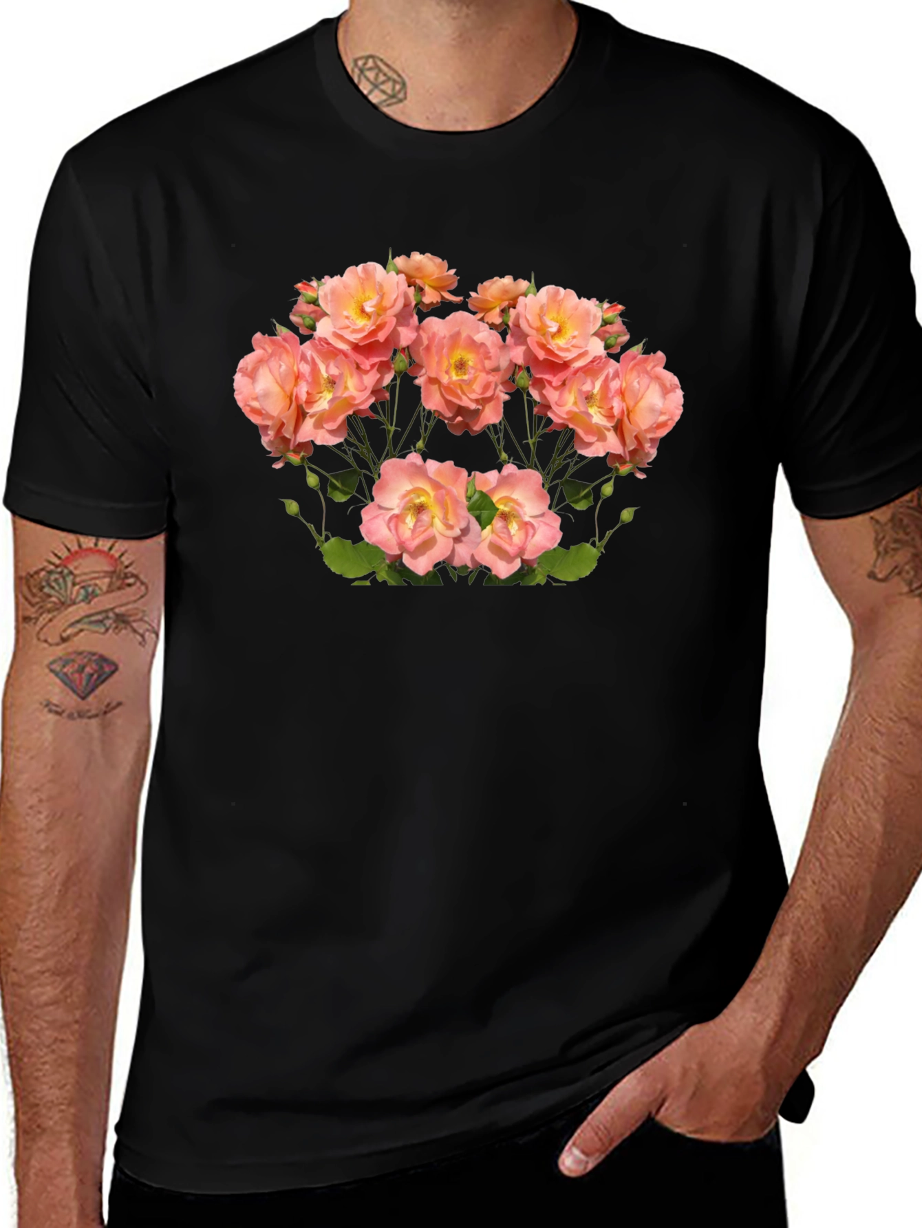 Floral Rose Print Black T-Shirt