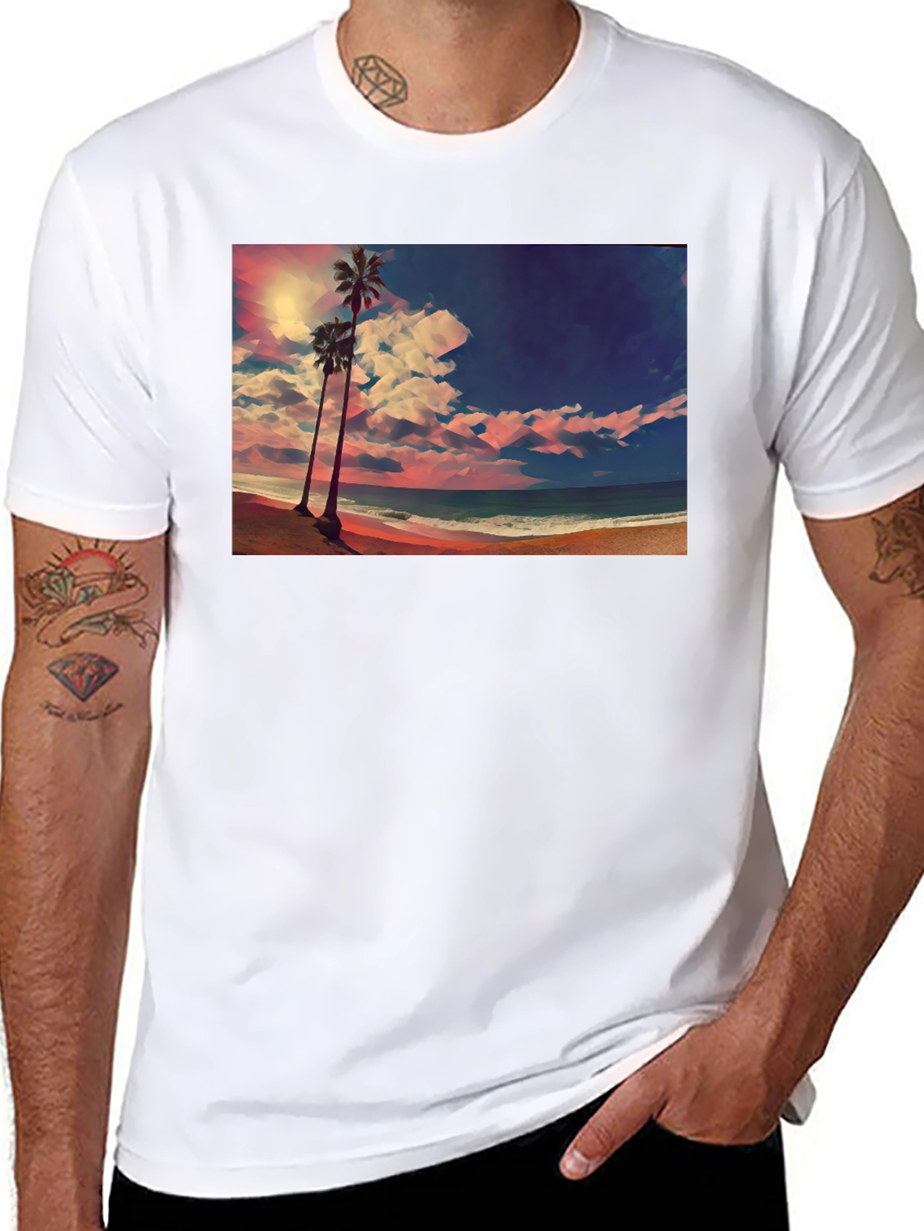 Tropical Beach Palm Tree Graphic Black T-Shirt