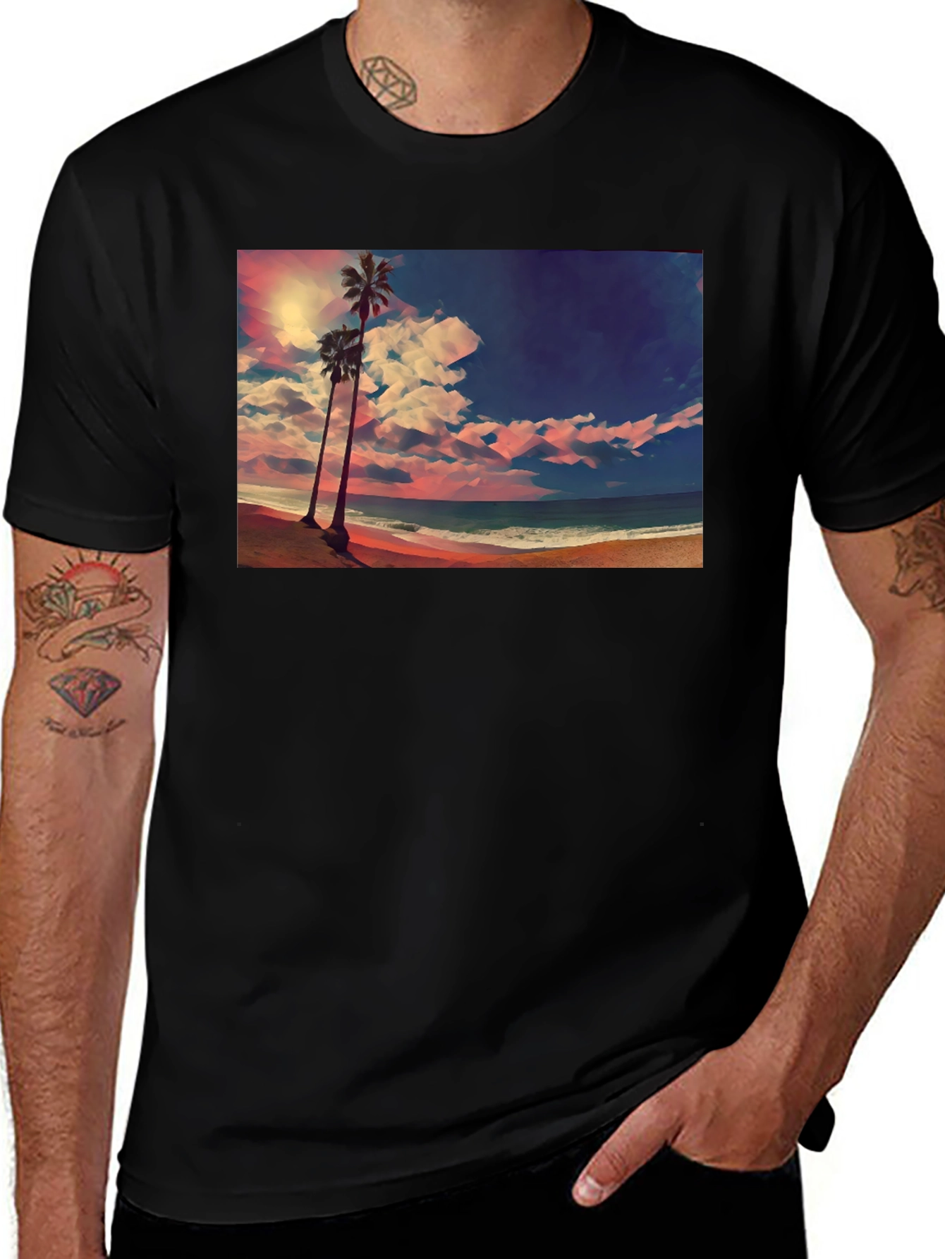 Tropical Beach Palm Tree Graphic Black T-Shirt