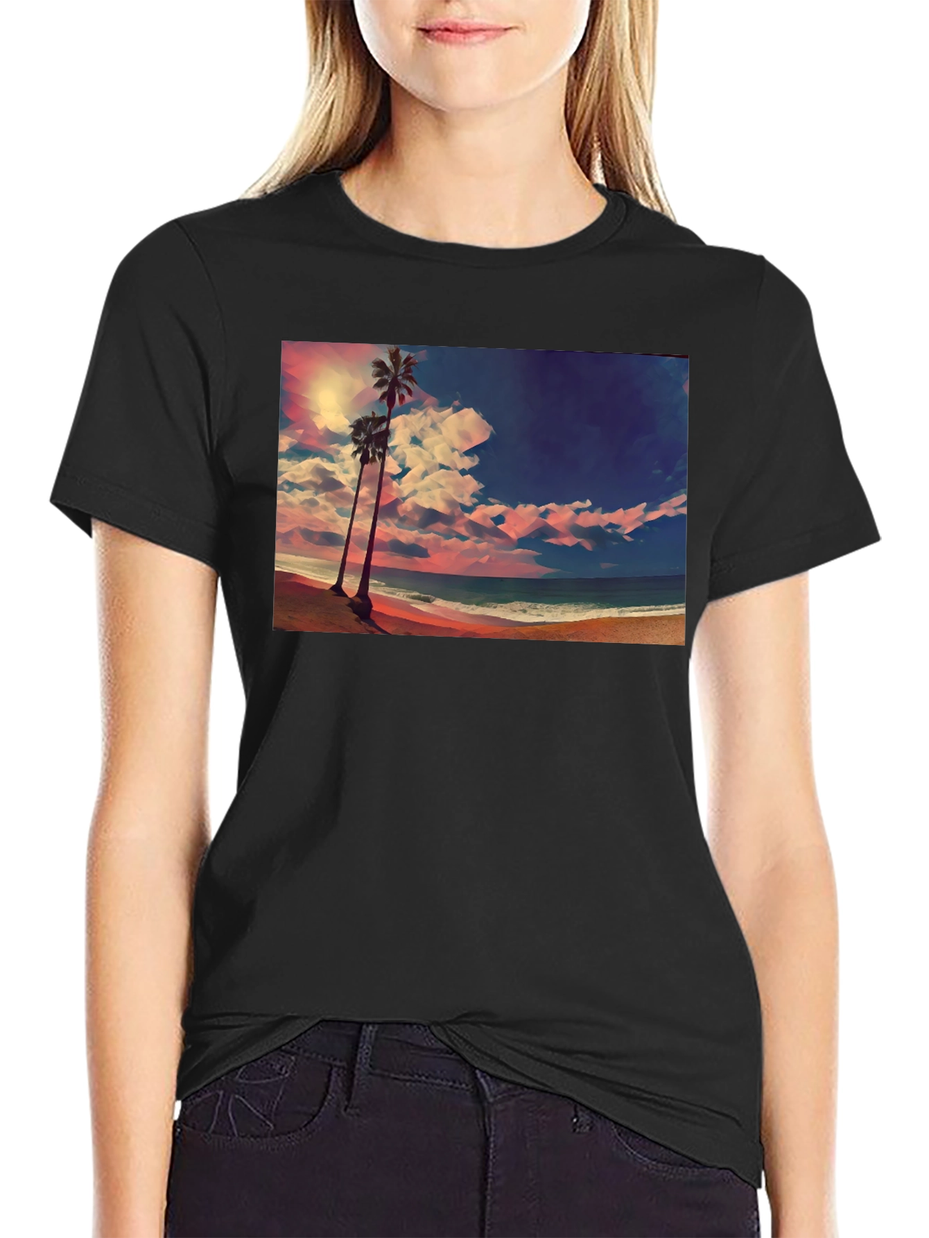 Tropical Beach Palm Tree Graphic Black T-Shirt