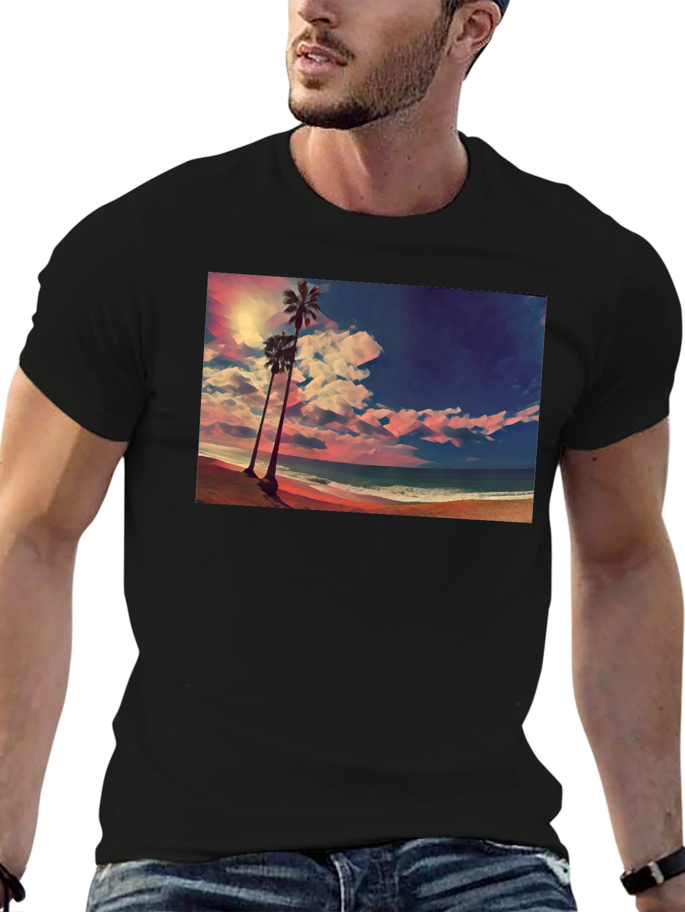 Tropical Beach Palm Tree Graphic Black T-Shirt