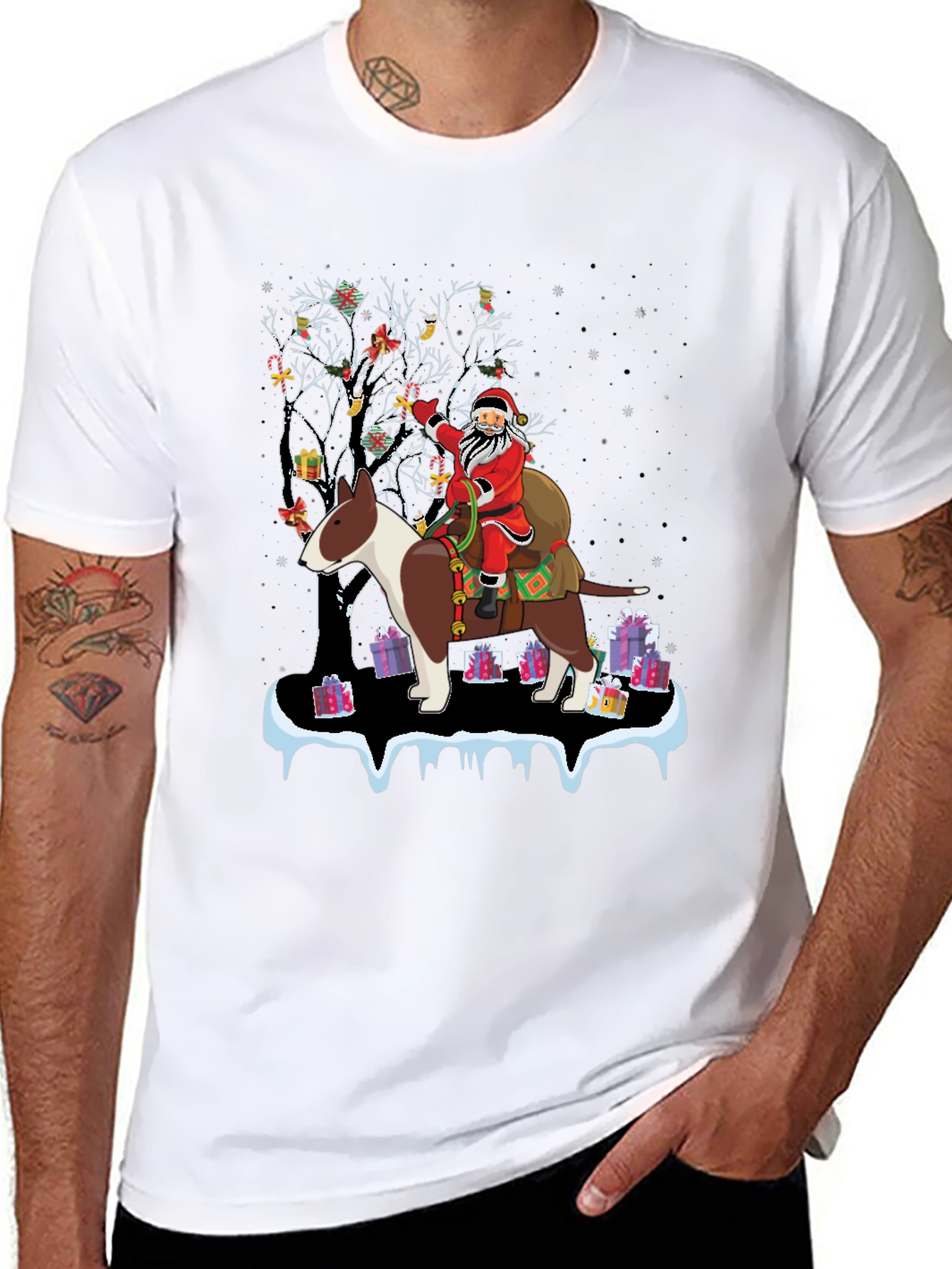 Santa Riding Bull Terrier Christmas T-Shirt