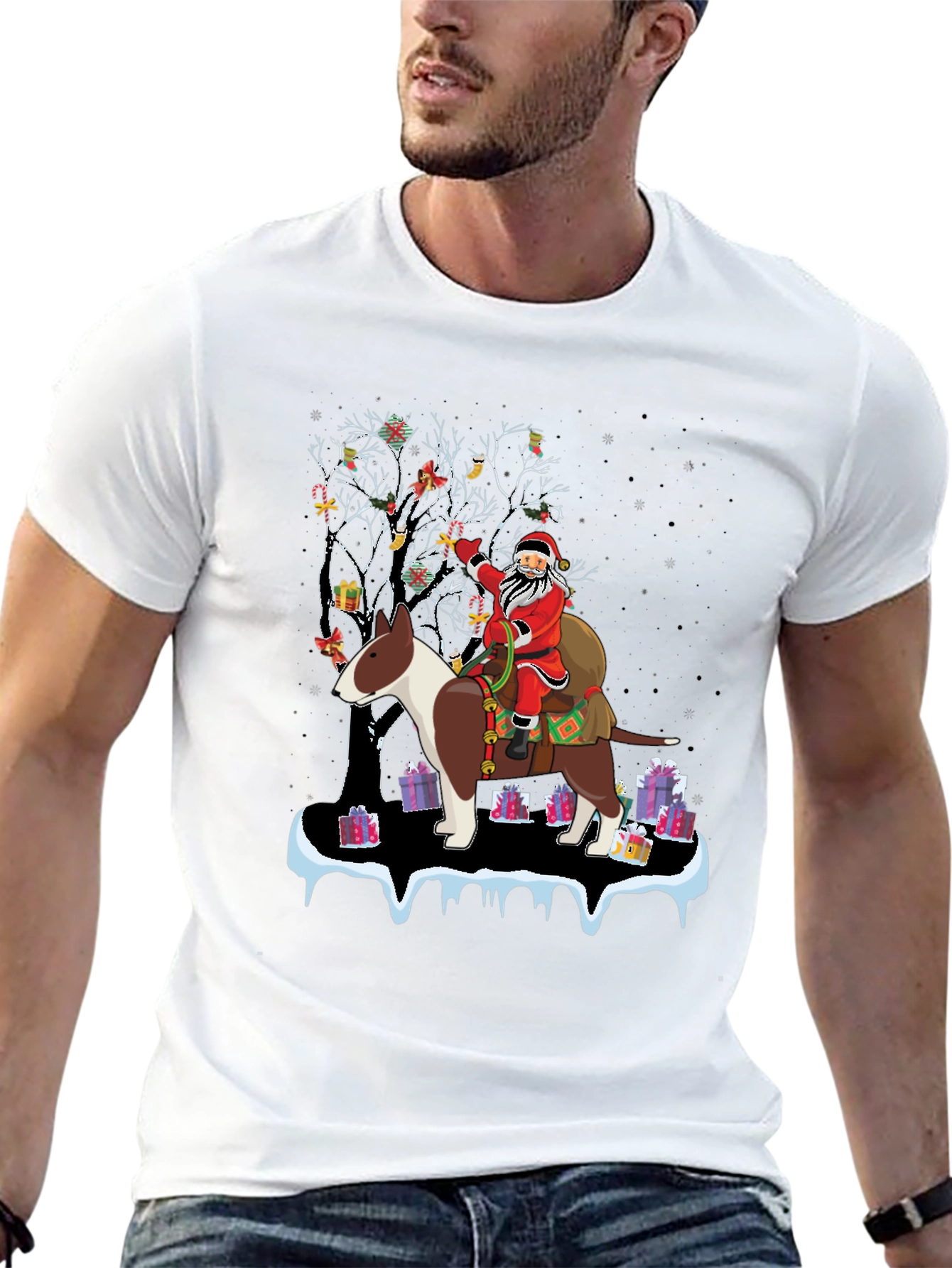 Santa Riding Bull Terrier Christmas T-Shirt