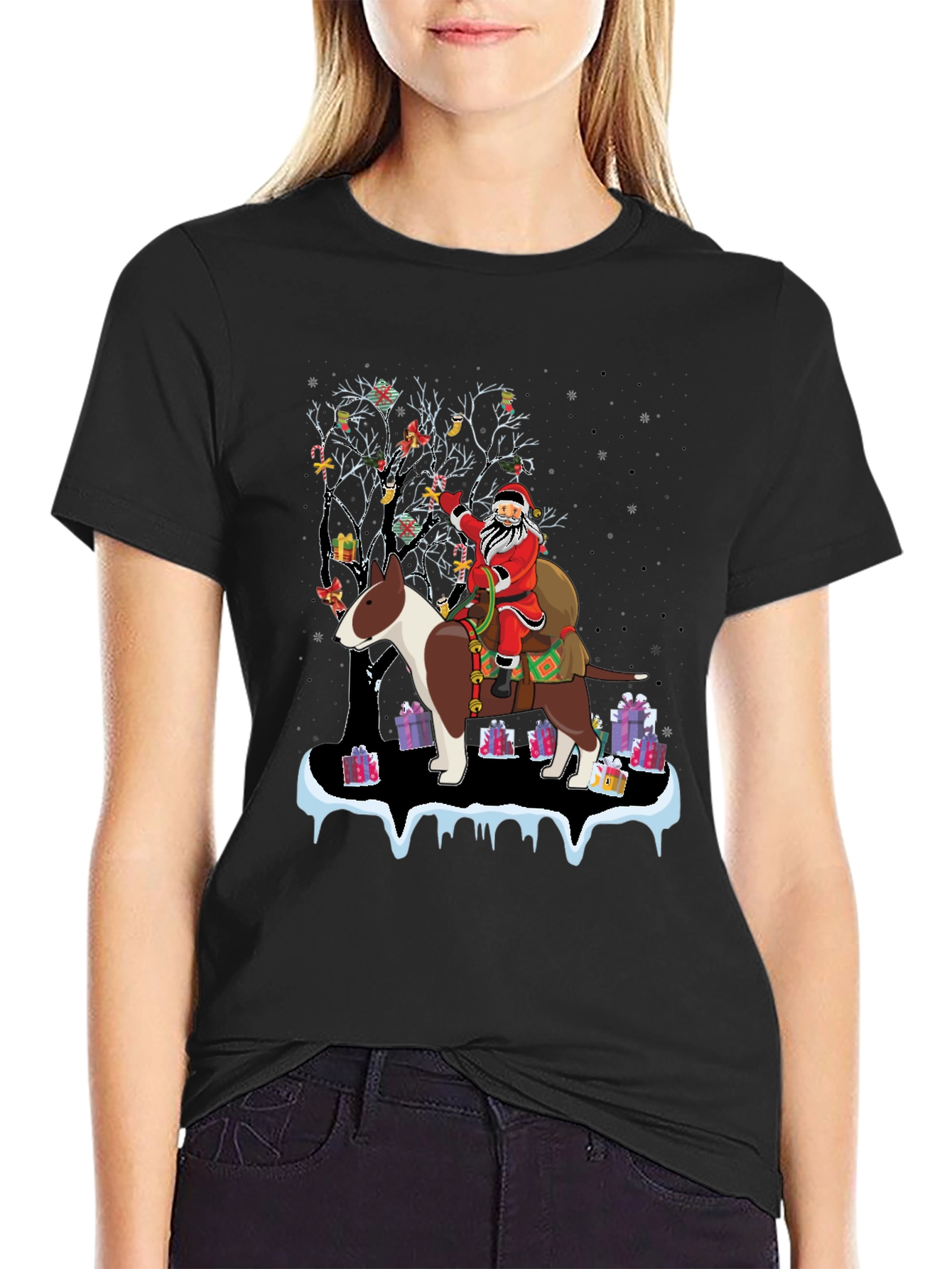 Santa Riding Bull Terrier Christmas T-Shirt