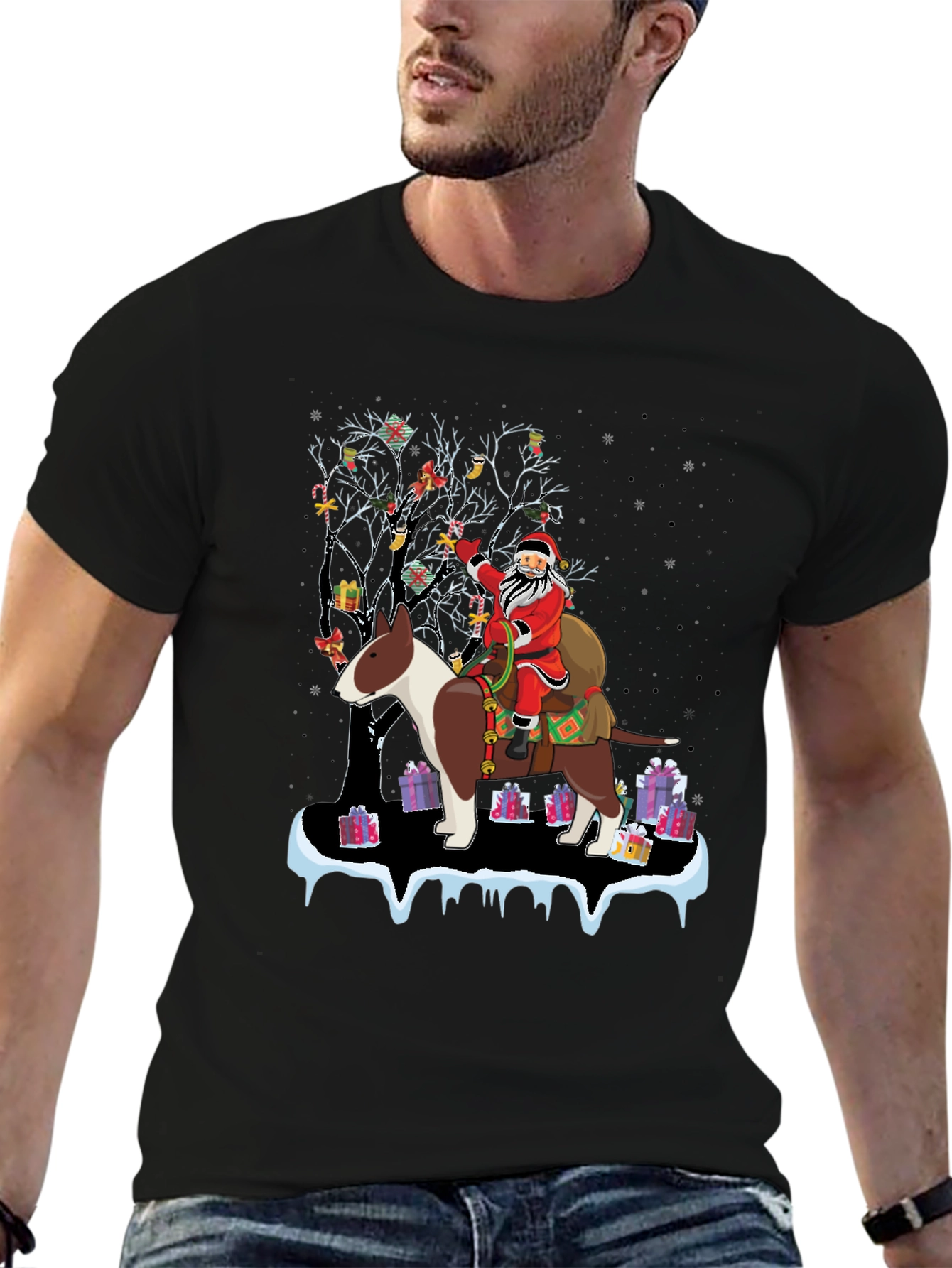 Santa Riding Bull Terrier Christmas T-Shirt