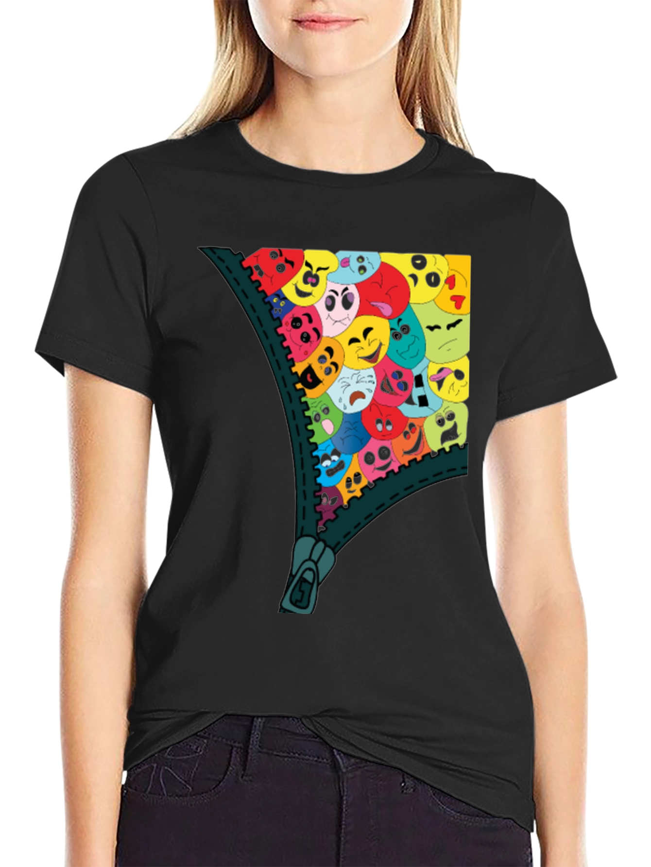 Emoji Zipper Graphic Tee - Unique Fun T-Shirt