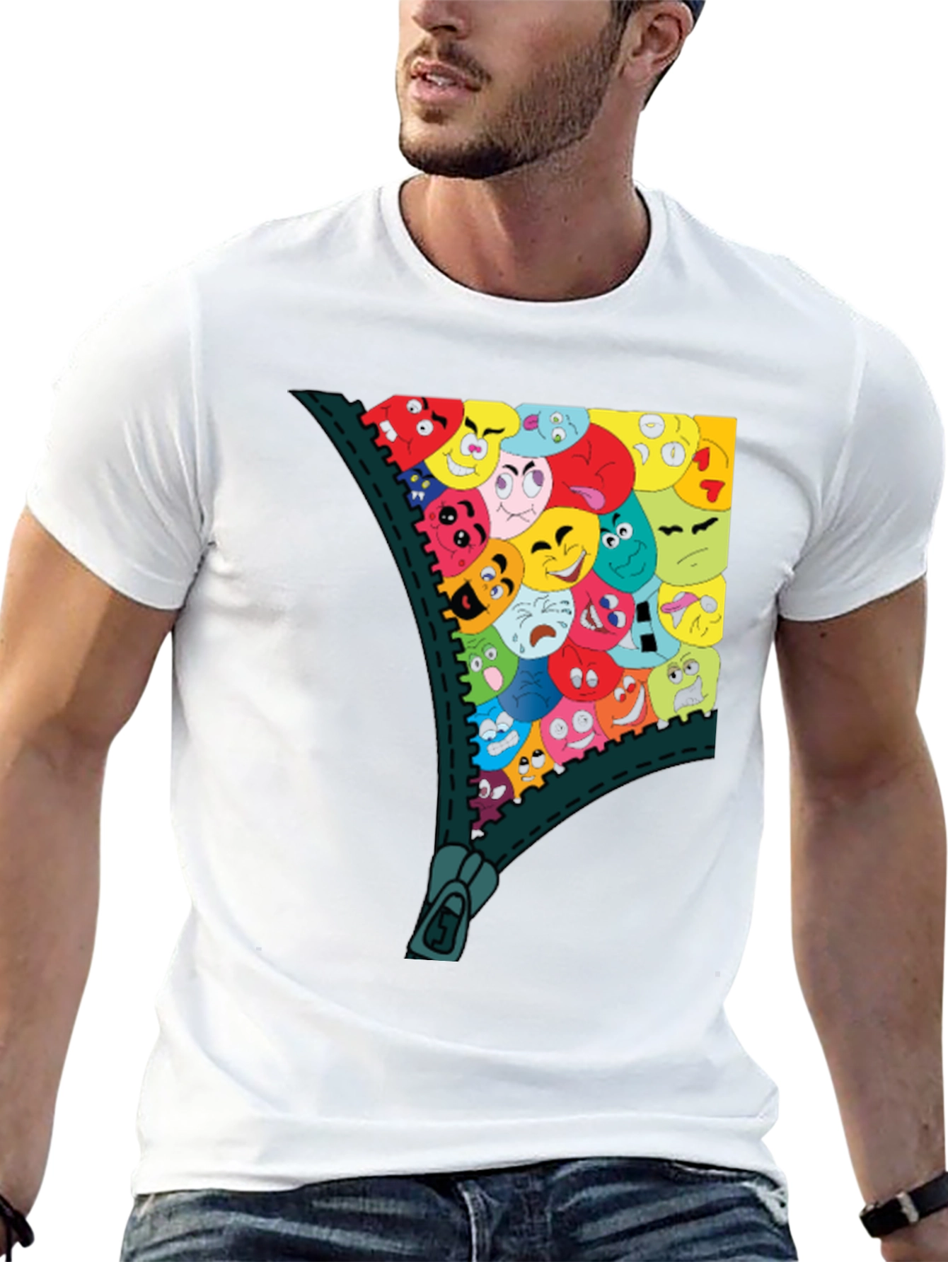 Emoji Zipper Graphic Tee - Unique Fun T-Shirt
