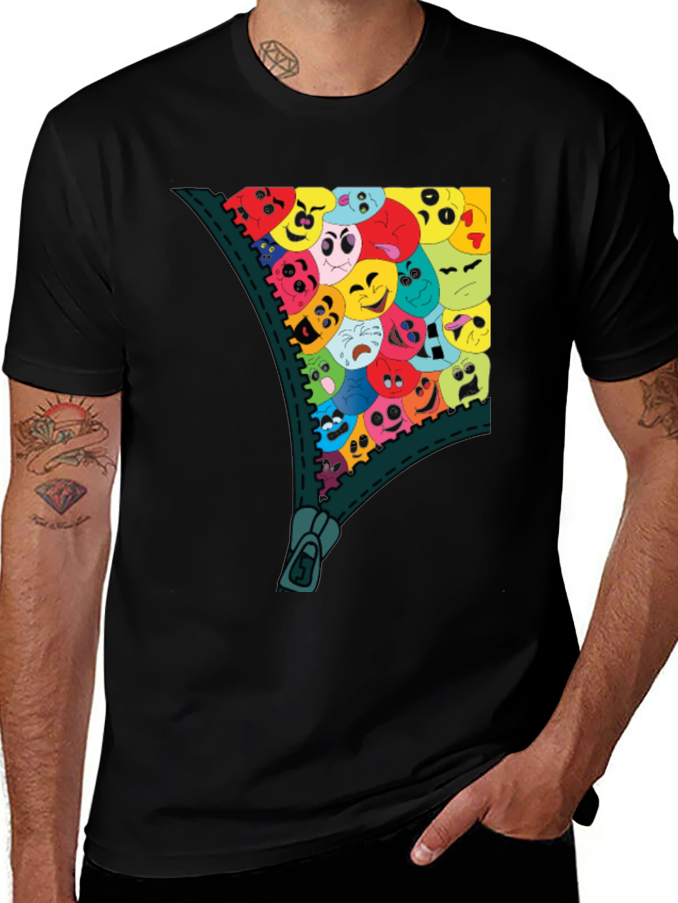 Emoji Zipper Graphic Tee - Unique Fun T-Shirt