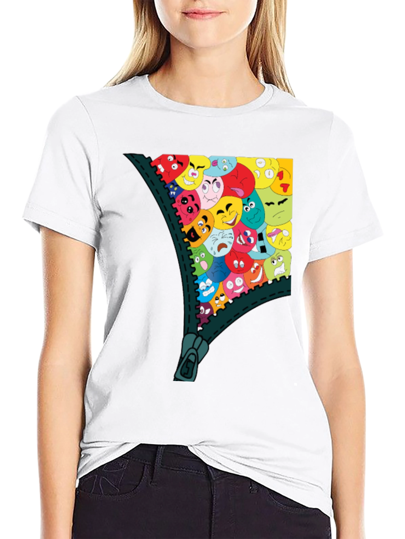 Emoji Zipper Graphic Tee - Unique Fun T-Shirt