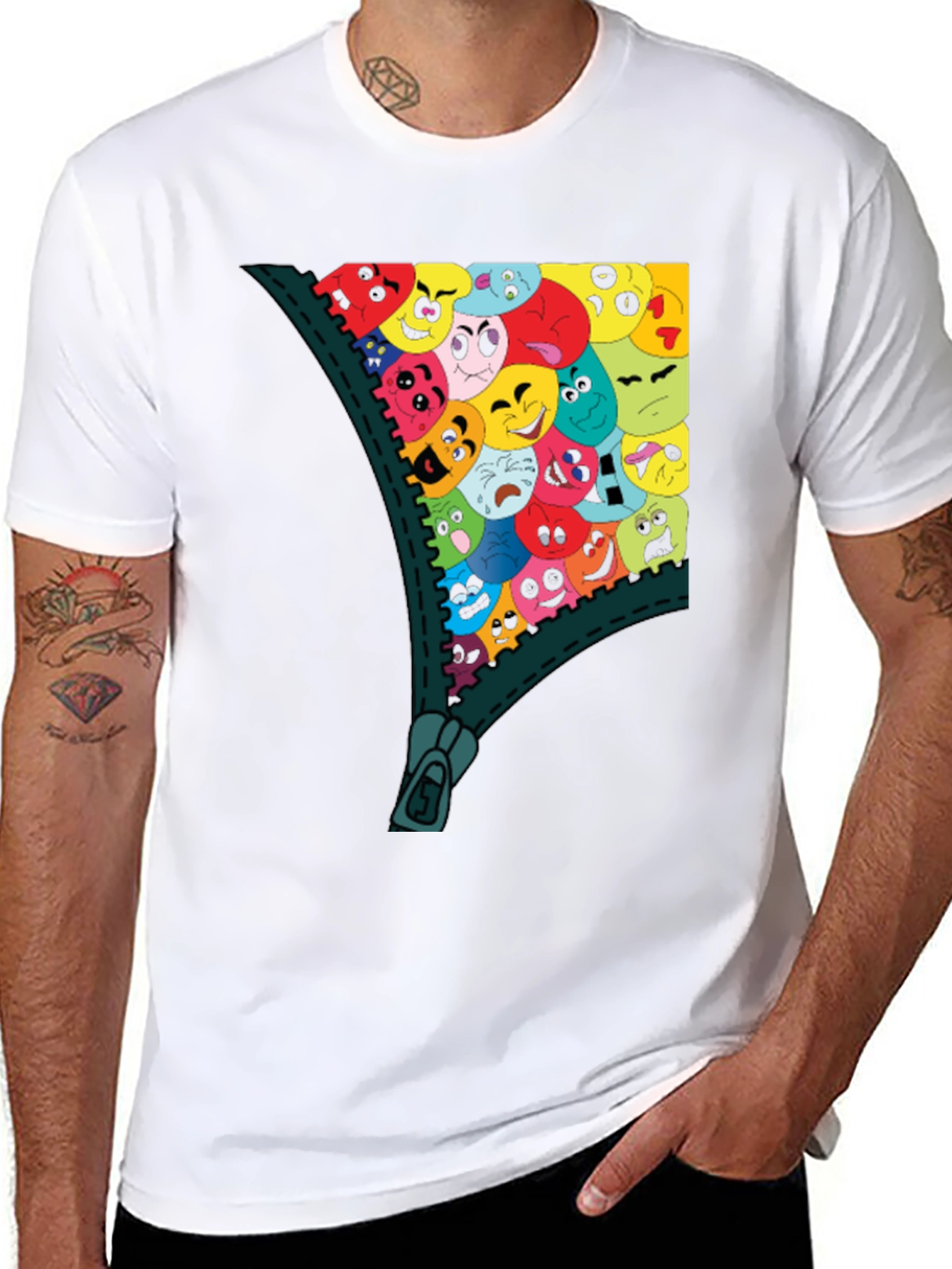 Emoji Zipper Graphic Tee - Unique Fun T-Shirt