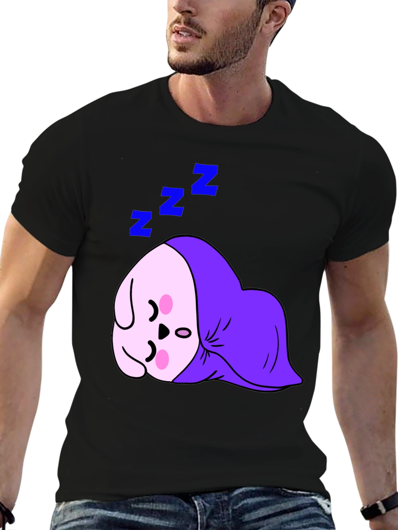 Cute Sleeping Character Black T-Shirt