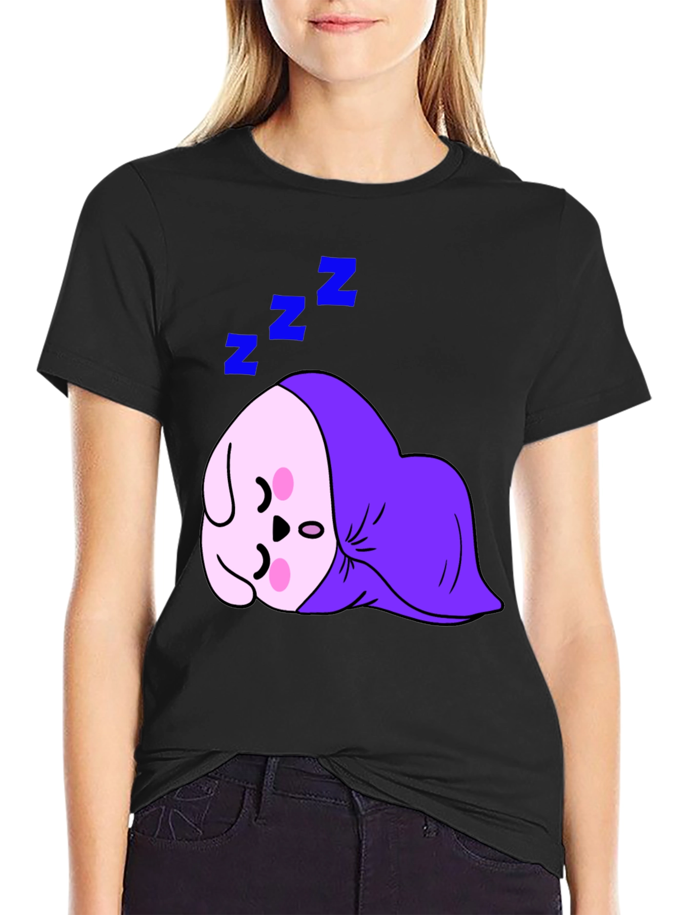 Cute Sleeping Character Black T-Shirt