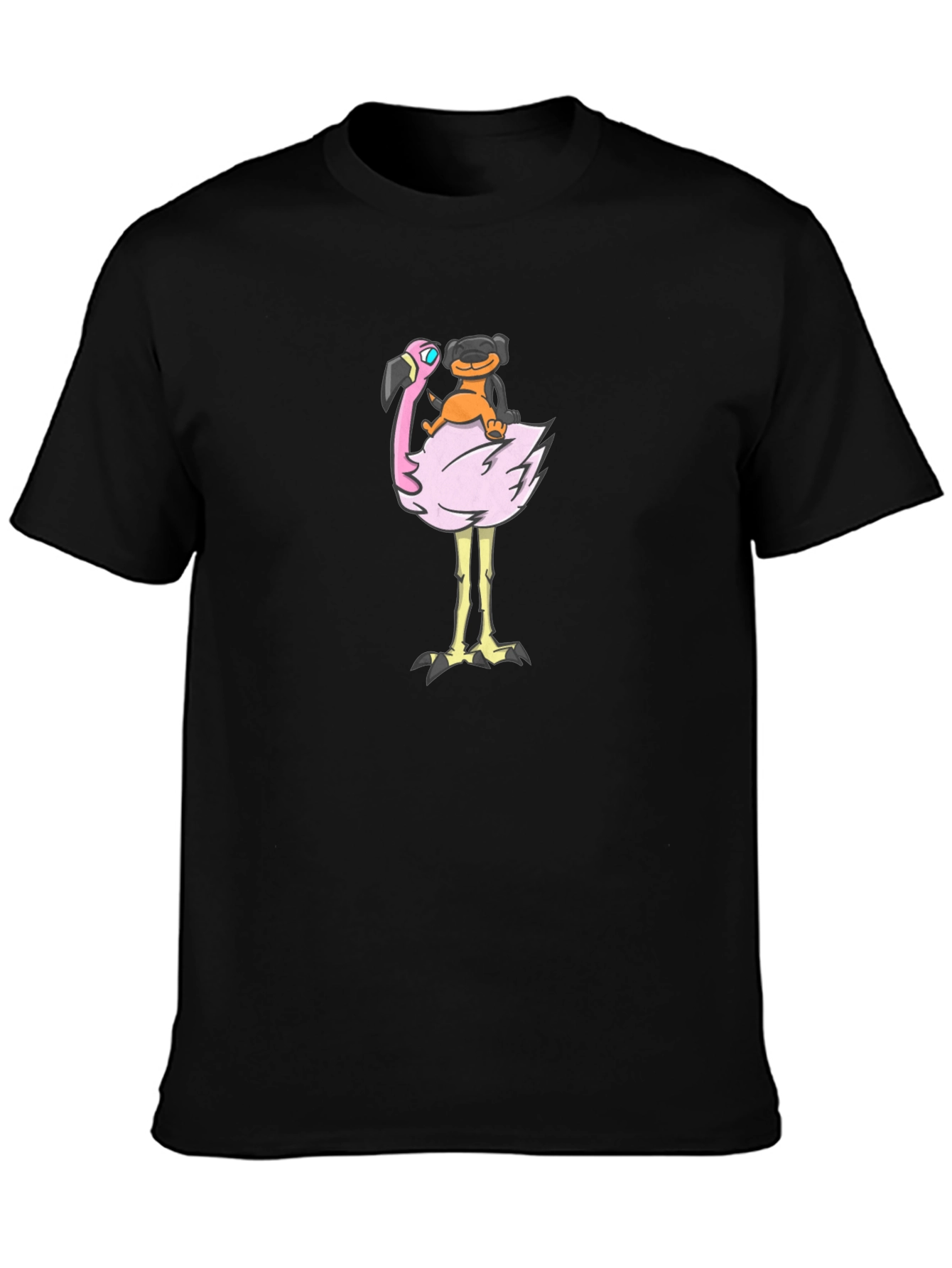 Dog Riding Flamingo Graphic T-Shirt - Fun Black Tee
